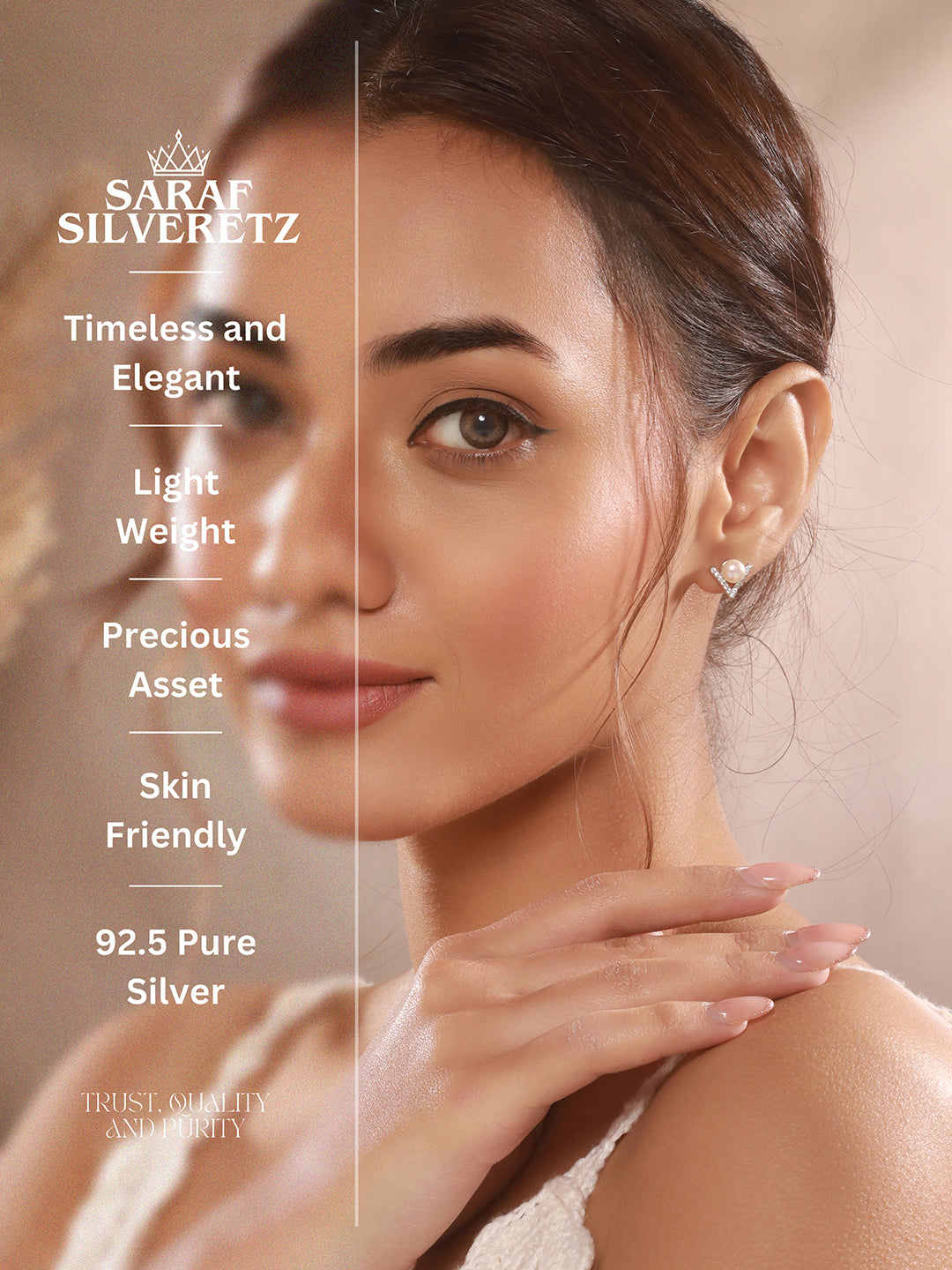 925 Sterling Silver Zircon &  Faux Pearl V - Shaped Minimal Studds Earrings