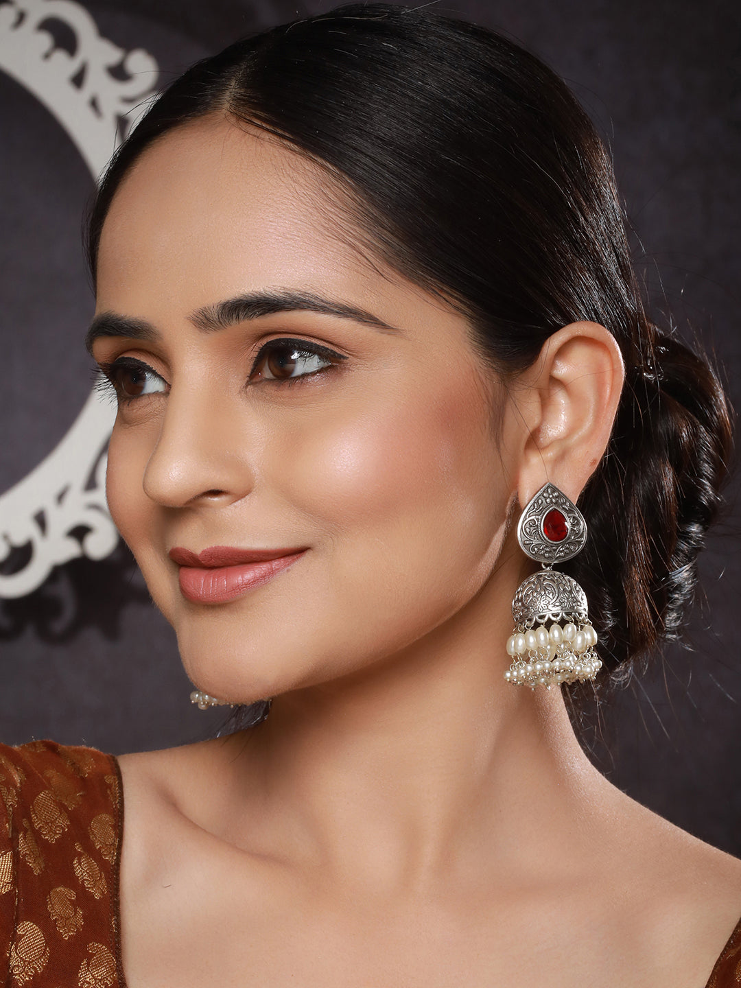 Silver Toned Oxidised Red Ruby AD Studded Handcrafted Contemporary Jhumkas Earrings