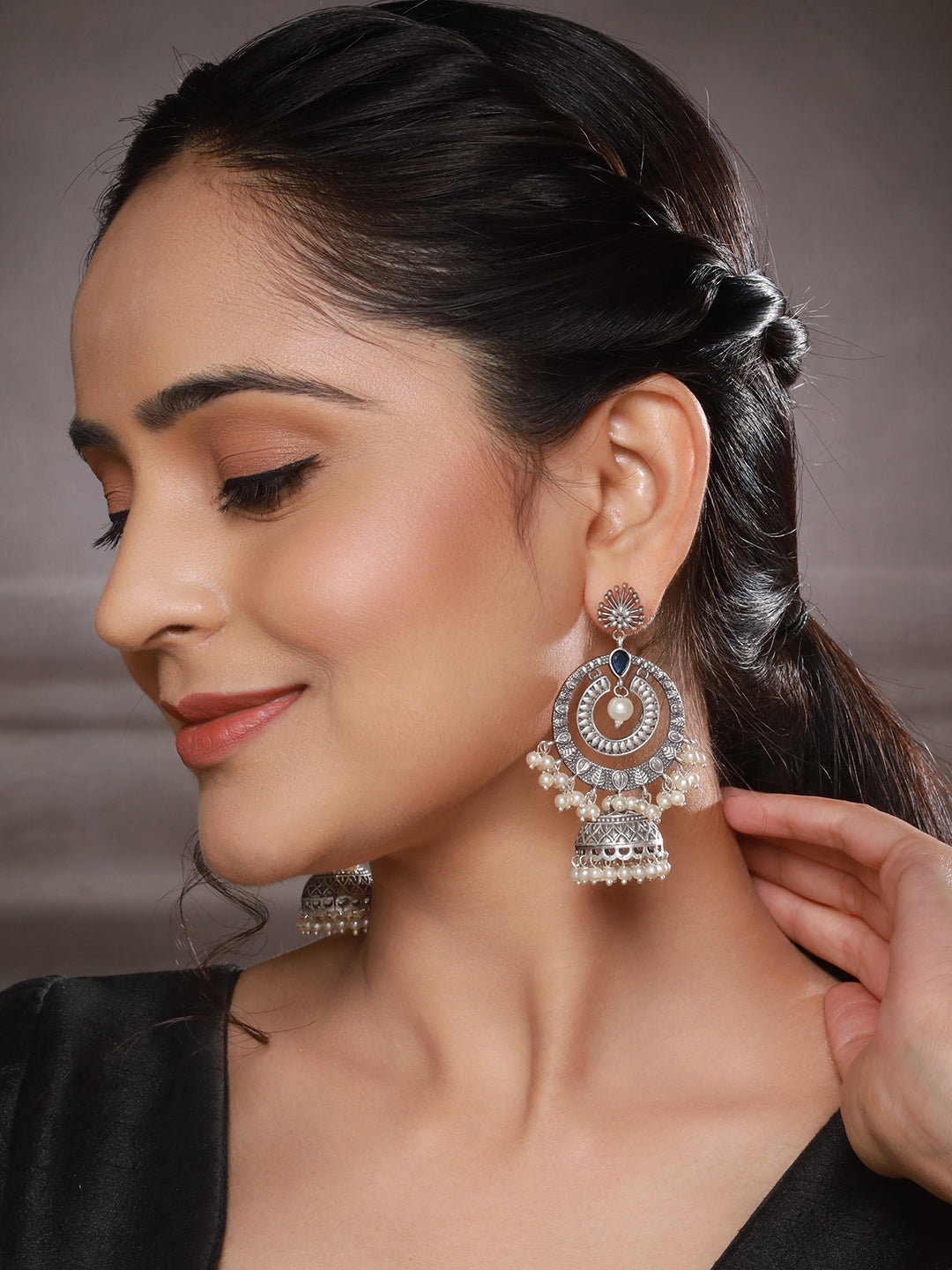 Silver Toned Oxidised Blue AD Studded Handcrafted Contemporary Chandbali Jhumkas Earrings