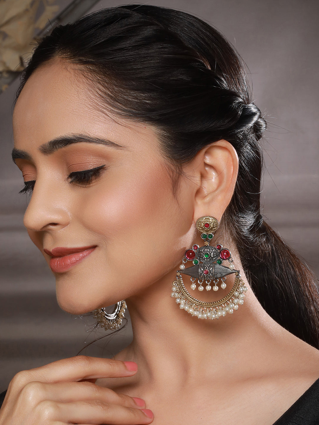 Dual Toned Red Stones Studded & Pearl Beaded Handcrafted Designer Light Weight Chandbali Dangler earrings