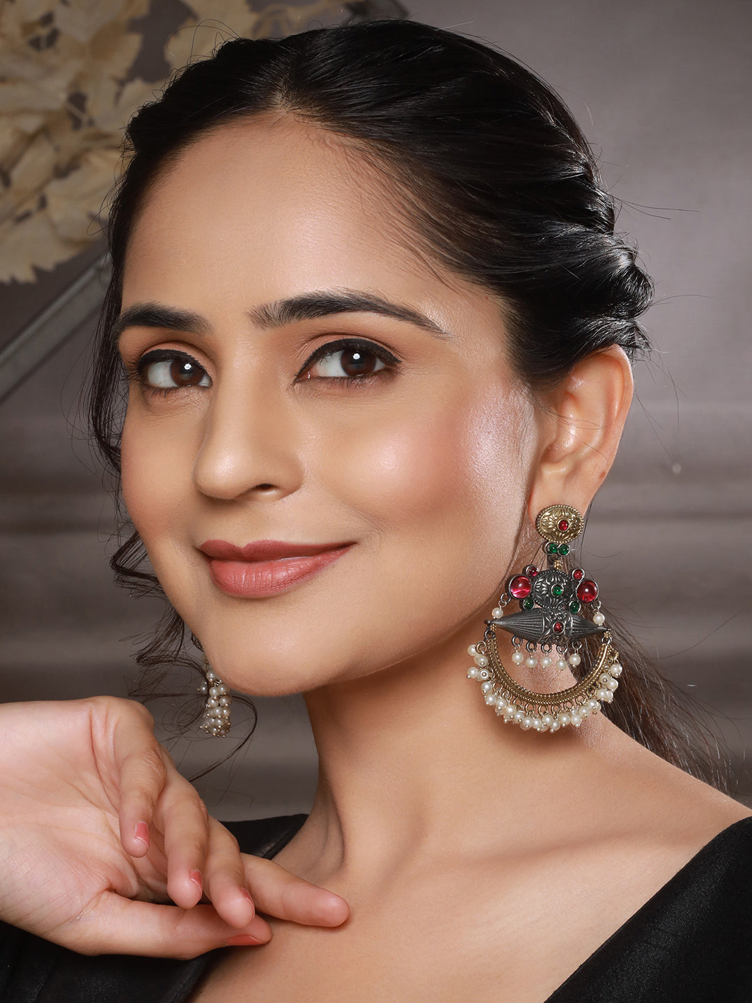 Dual Toned Red Stones Studded & Pearl Beaded Handcrafted Designer Light Weight Chandbali Dangler earrings