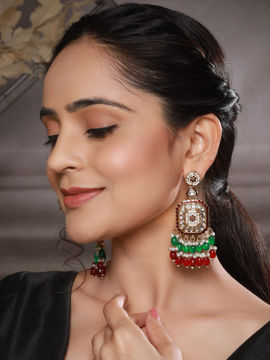 Gold Toned Red  Kundan & Green Pearl Beaded Geometric Designer Dangler Chandbali earrings