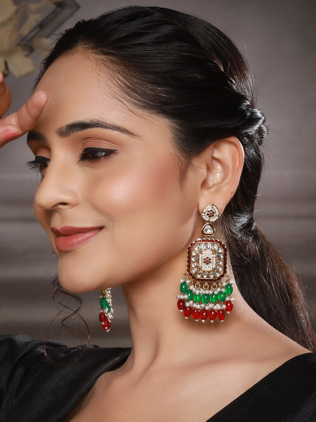 Gold Toned Red  Kundan & Green Pearl Beaded Geometric Designer Dangler Chandbali earrings