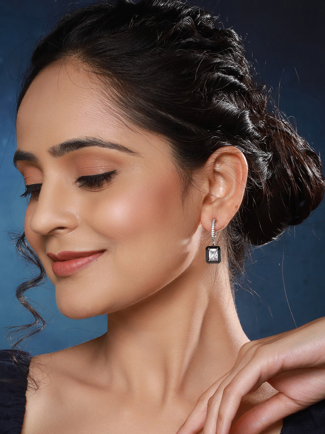 Anti-Tarnish Silver Plated Black Geaometric Hoops Minimal Dropdown Earrings