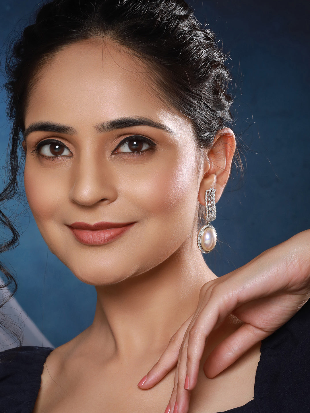 Silver Plated Zircon Studded Pearl Beaded Designer Dangler Hoop  Bali Earrings