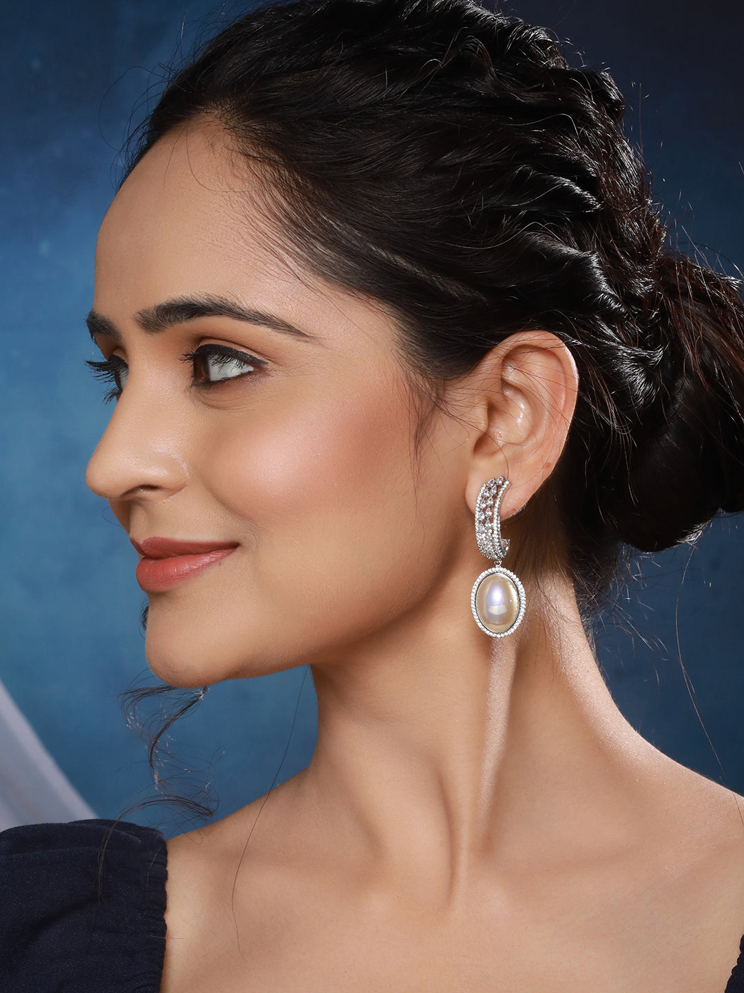 Silver Plated Zircon Studded Pearl Beaded Designer Dangler Hoop  Bali Earrings