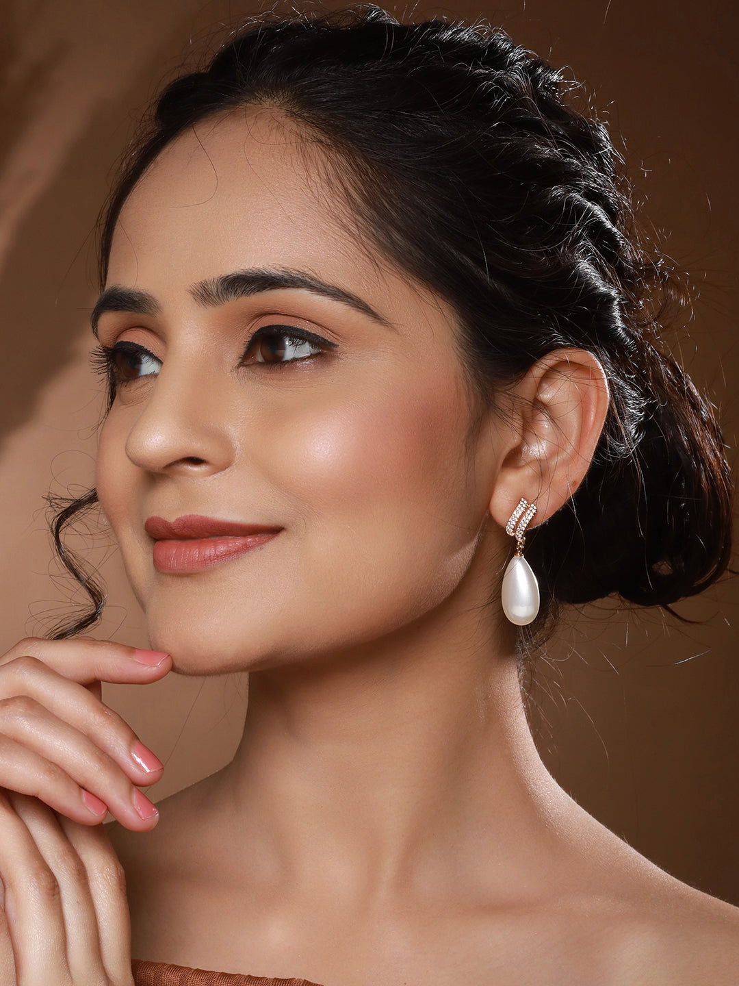 Gold Plated Tear Drop Pearl Studded Luxe  Minimal Drop Earrings