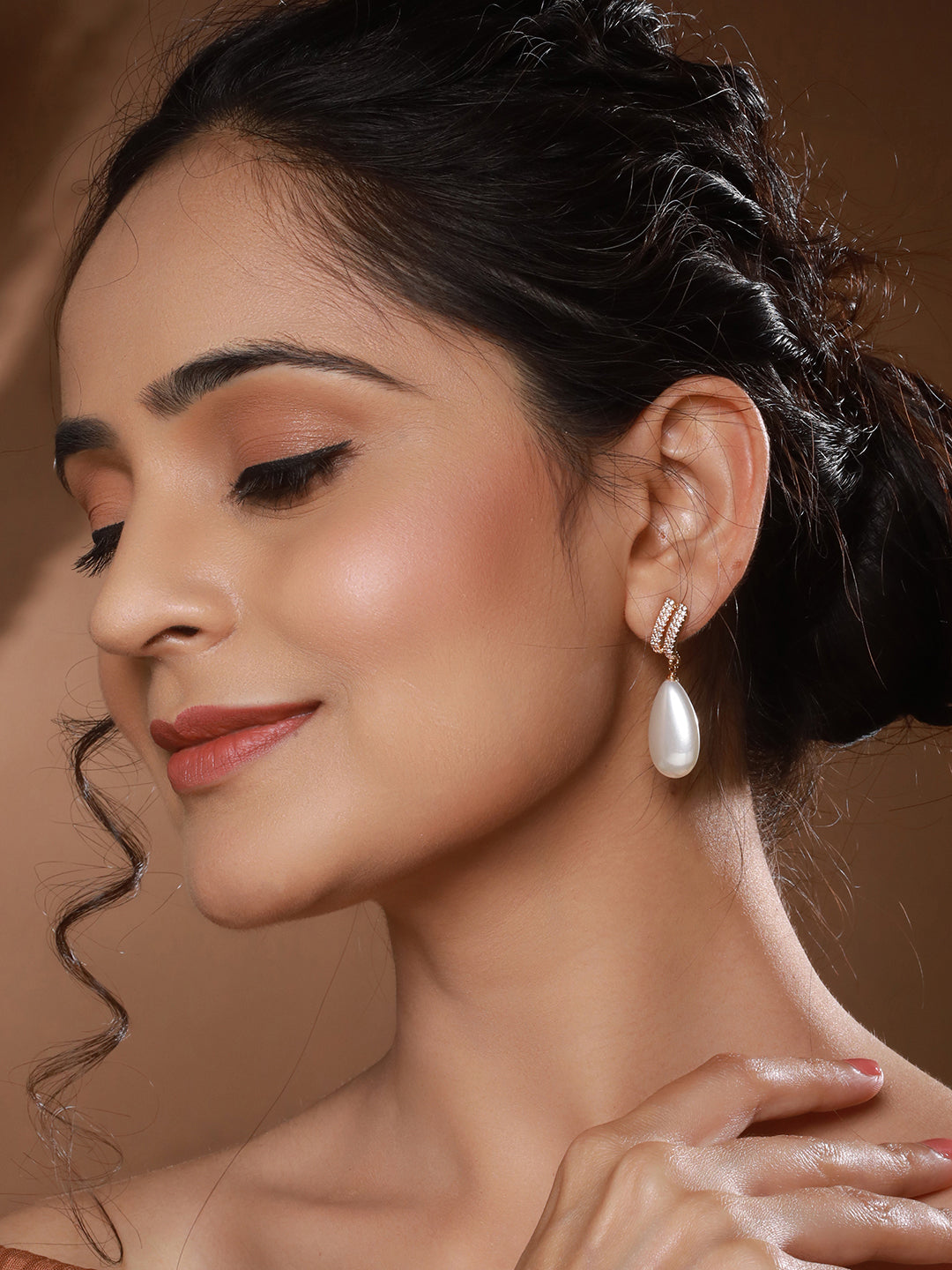 Gold Plated Tear Drop Pearl Studded Luxe  Minimal Drop Earrings