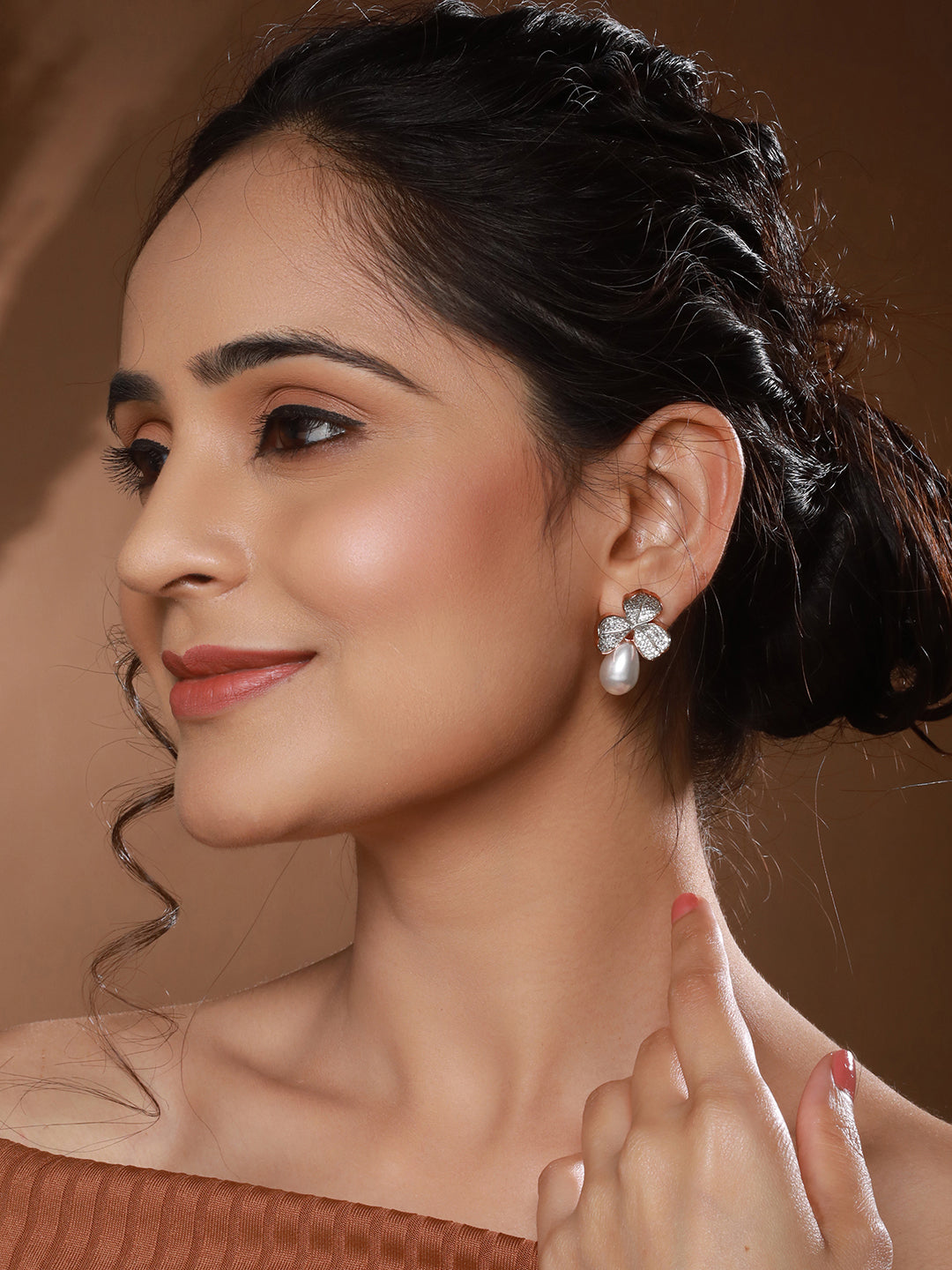 Rose Gold AD Studded Pearl Luxe Studds Earrings