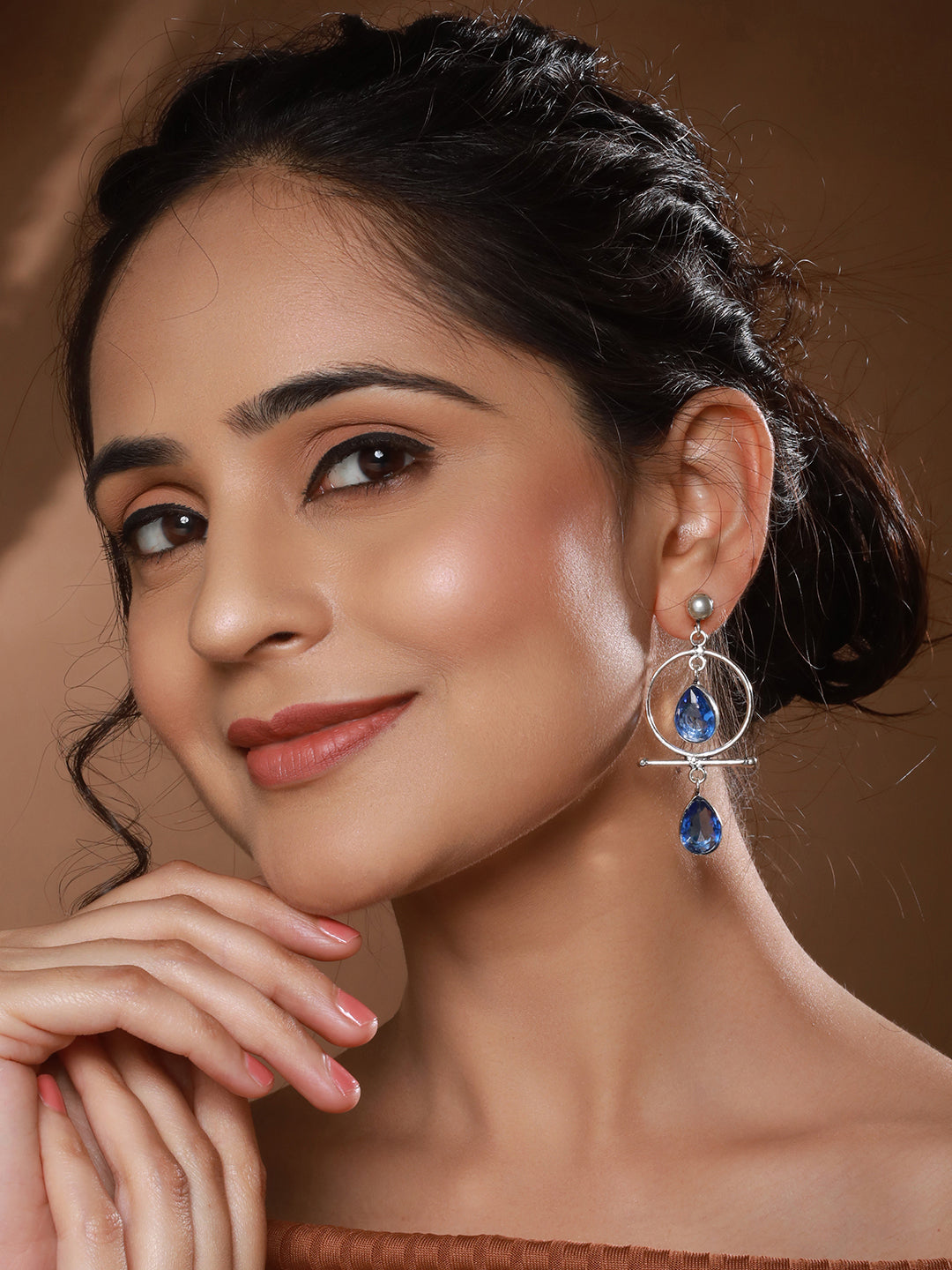 Silver Oxidised Plted Blue Stone AD Minimal  T-Shaped Hoop Earrings