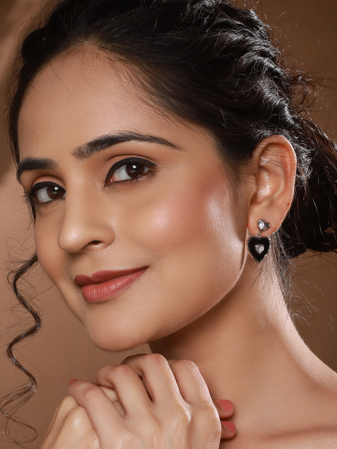 Anti-Tarnish Silver Plated Black Enamelled Heart Shaped Minimal  Drop Down Studs Earrings