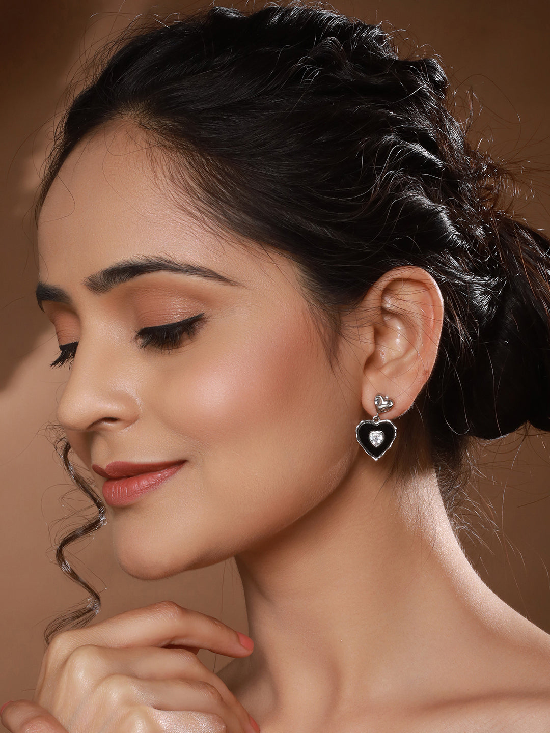 Anti-Tarnish Silver Plated Black Enamelled Heart Shaped Minimal  Drop Down Studs Earrings