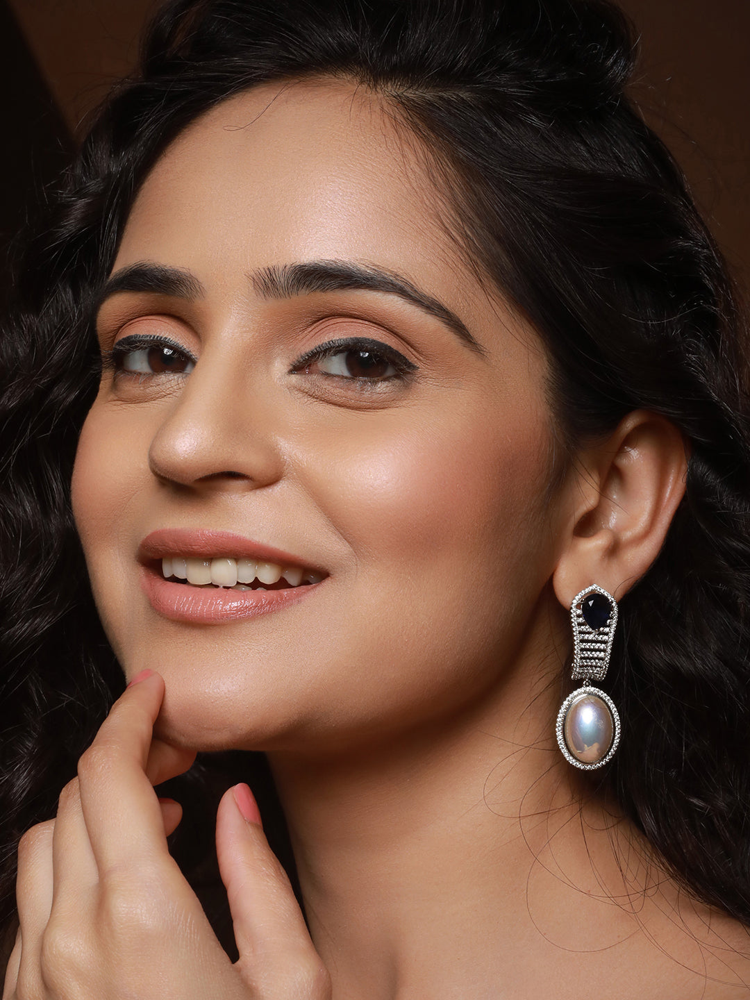 Silver Plated  Blue AD Studded  & Pearl Contemporary Hoop Bali  Earrings