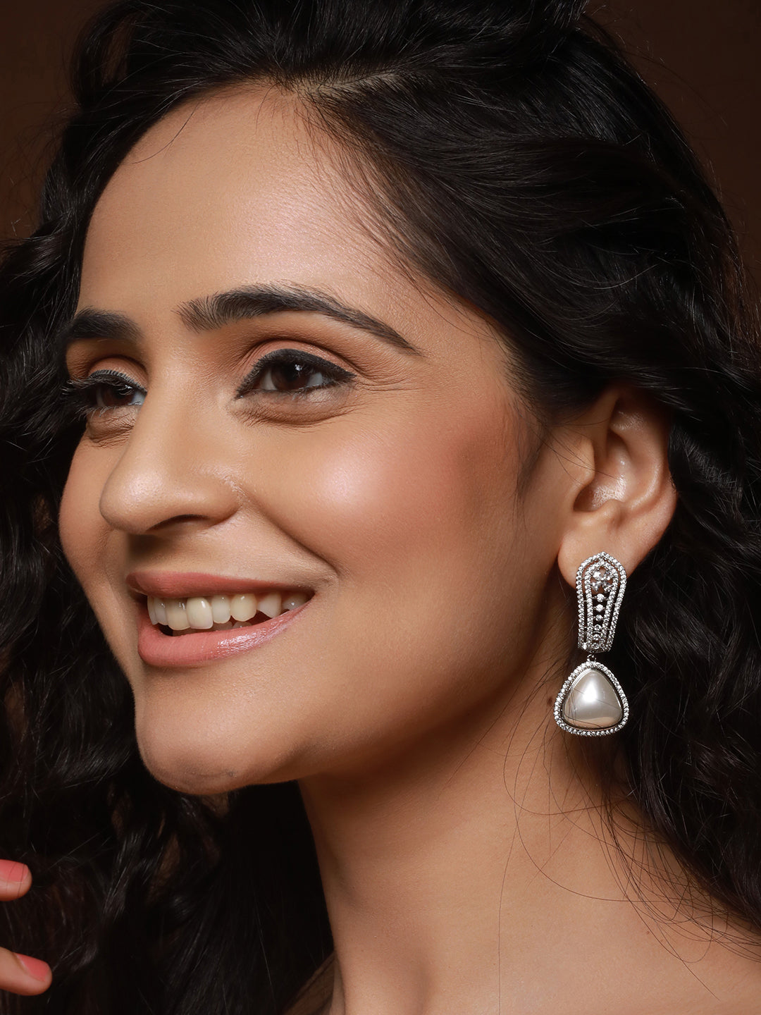 Silver Toned Zircon Studded Triangular Pearl Beaded  Handcrafted Bali Hoop  Earrings