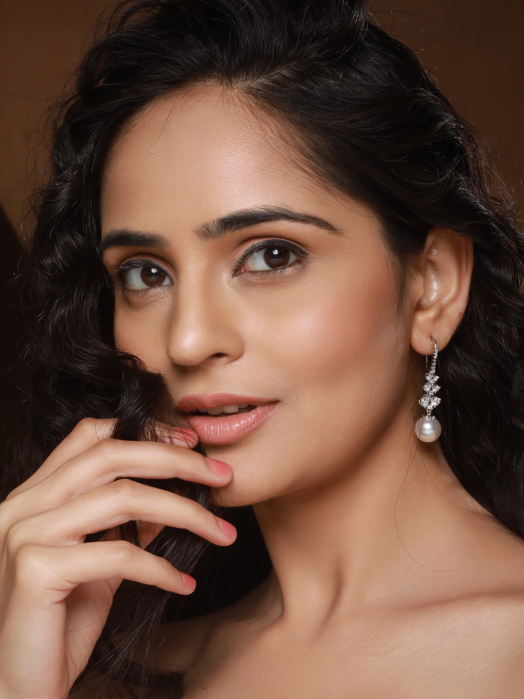 Silver Plated AD Studded Delicate Pearl Hook  Earrings