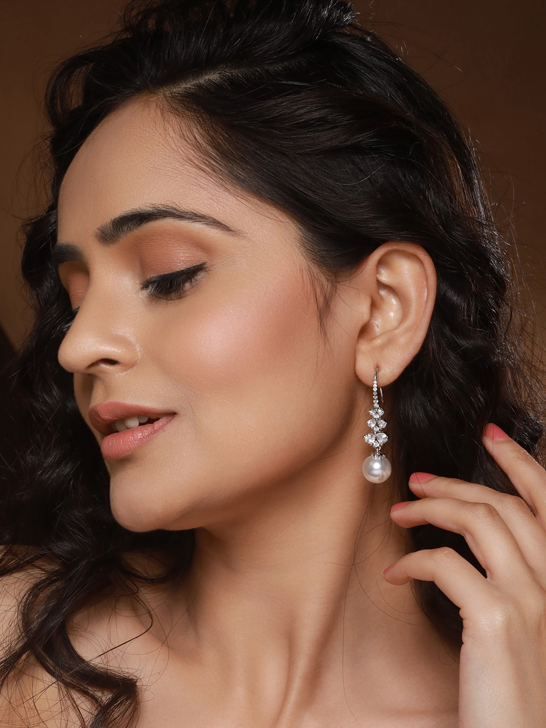 Silver Plated AD Studded Delicate Pearl Hook  Earrings