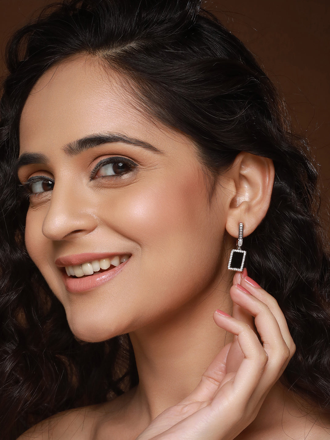 Anti-Tarnish Silver Plated Black J Shaped Square Shaped Minimal Earrings