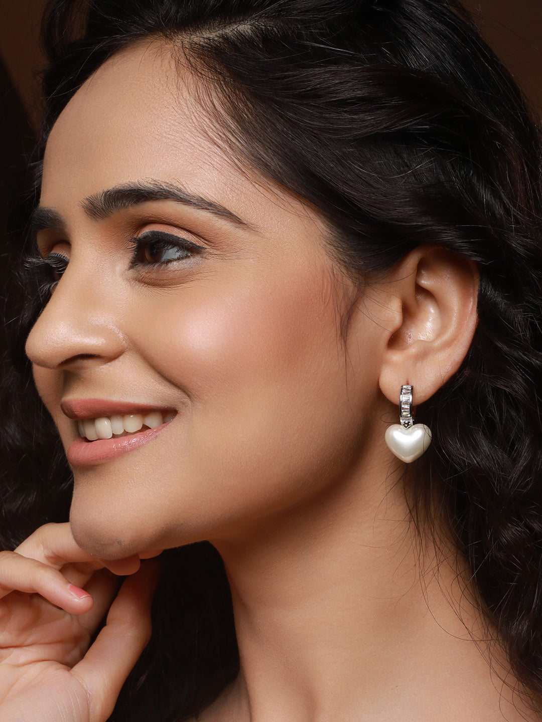 Anti-Tarnish Silver Plated Faux Pearl Studded Heart Shaped Small  Minimal Hoop Earrings