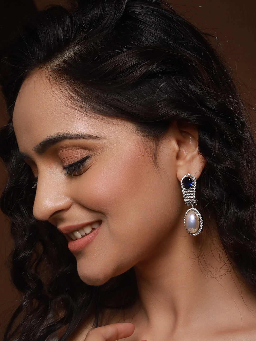 Silver Plated  Blue AD Studded  & Pearl Contemporary Hoop Bali  Earrings