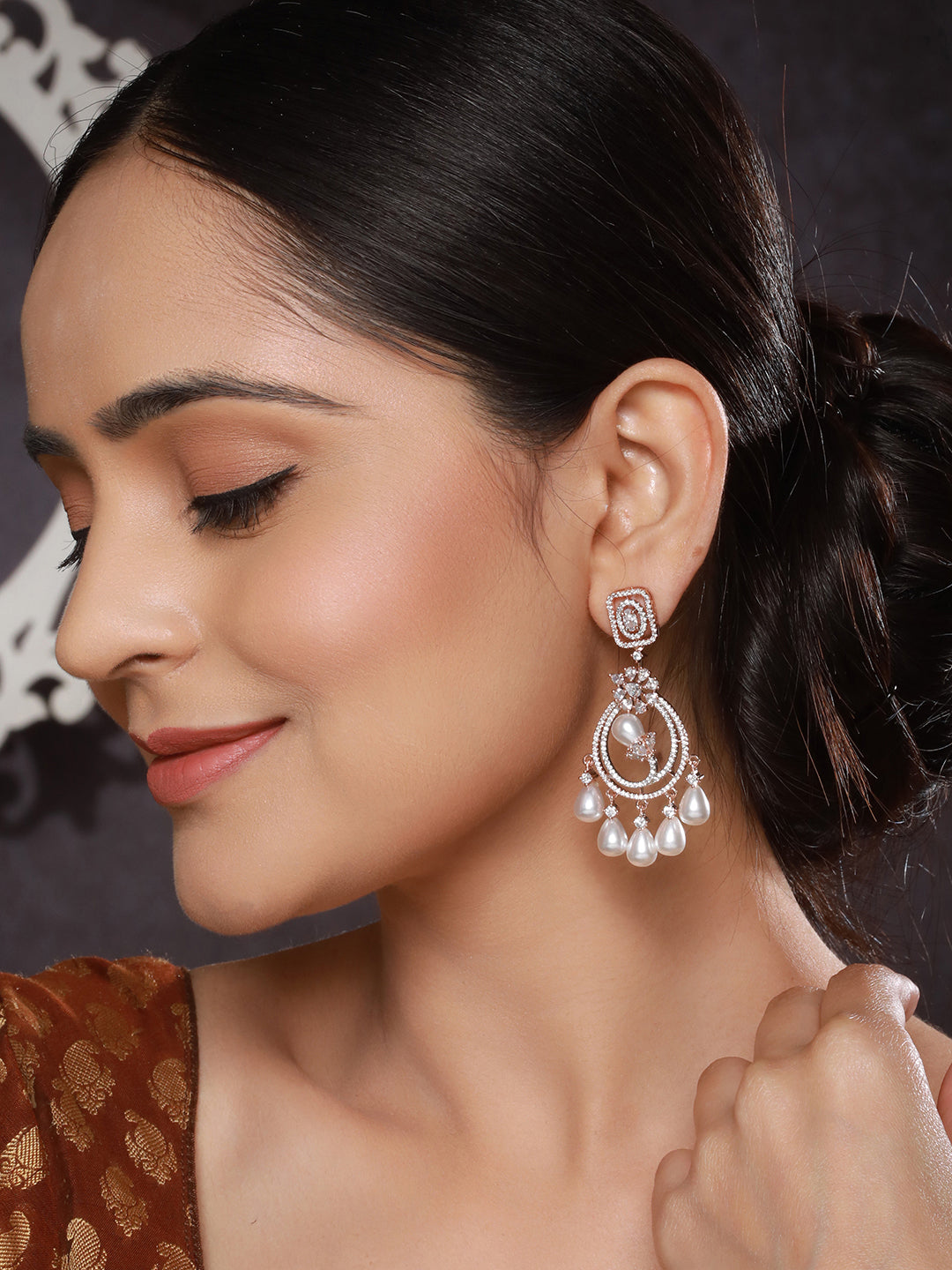 Rose Gold Platedd Zircon Studded Pearl Beaded Luxe Contemporary Chandbali Earrings