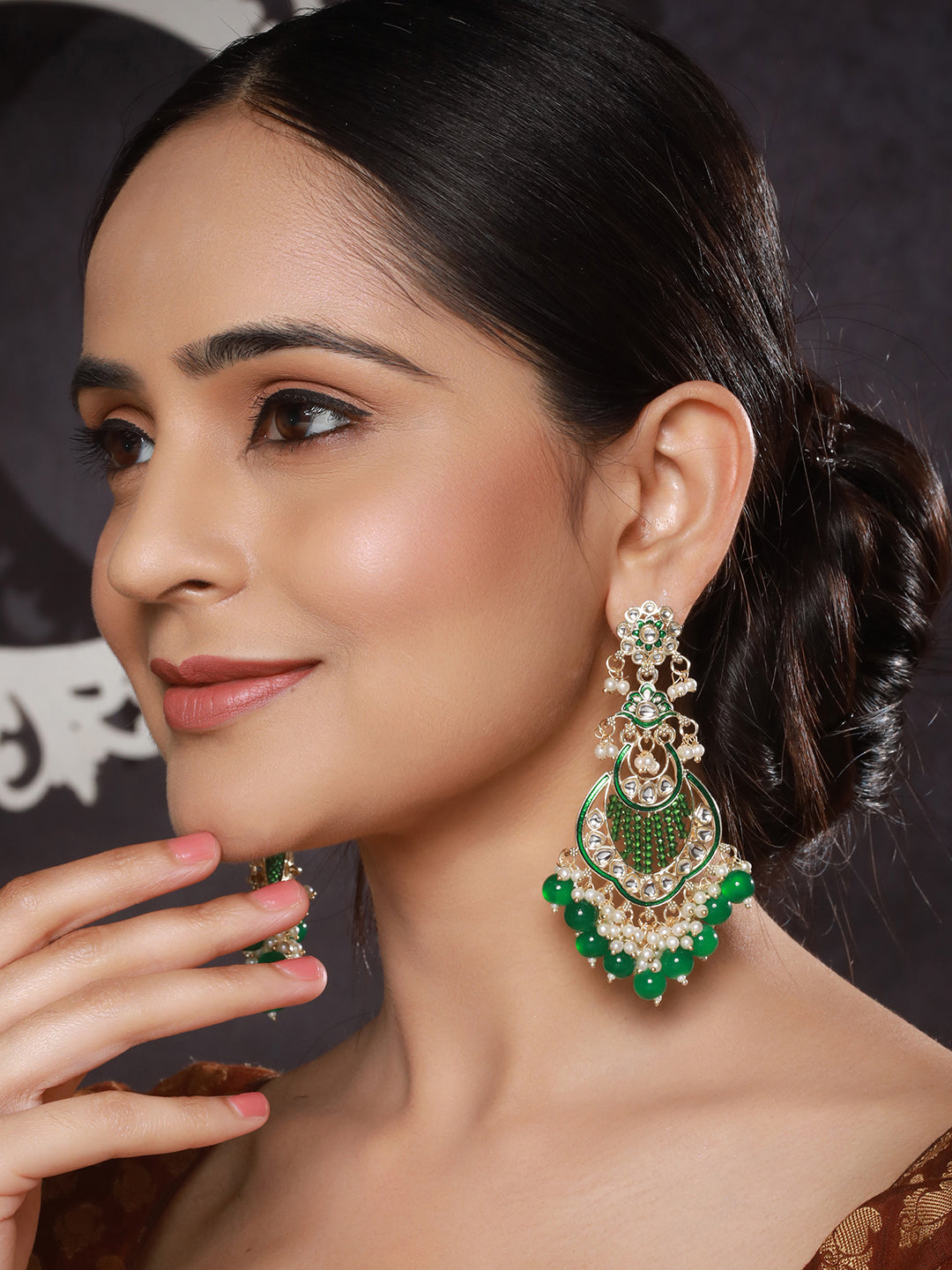 Gold Toned Kundan & Emerald Green Pearl Beaded Handcrafted Chandbali Earrings