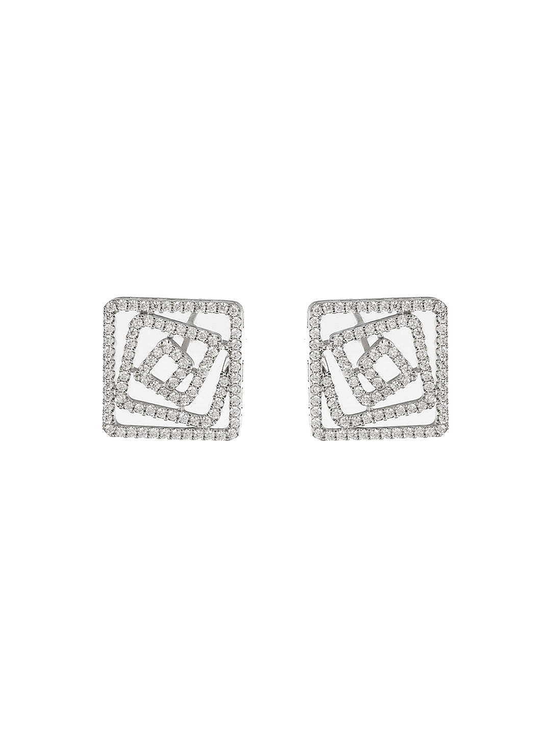 925 Sterling Silver Rhodium Plated CZ Studded Geometric Studds Earrings