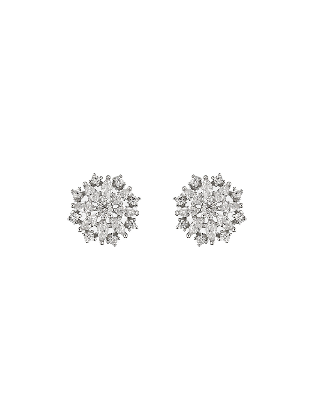 925 Sterling Silver CZ Studded Rhodium Plated Floral Clustered Studds Earrings