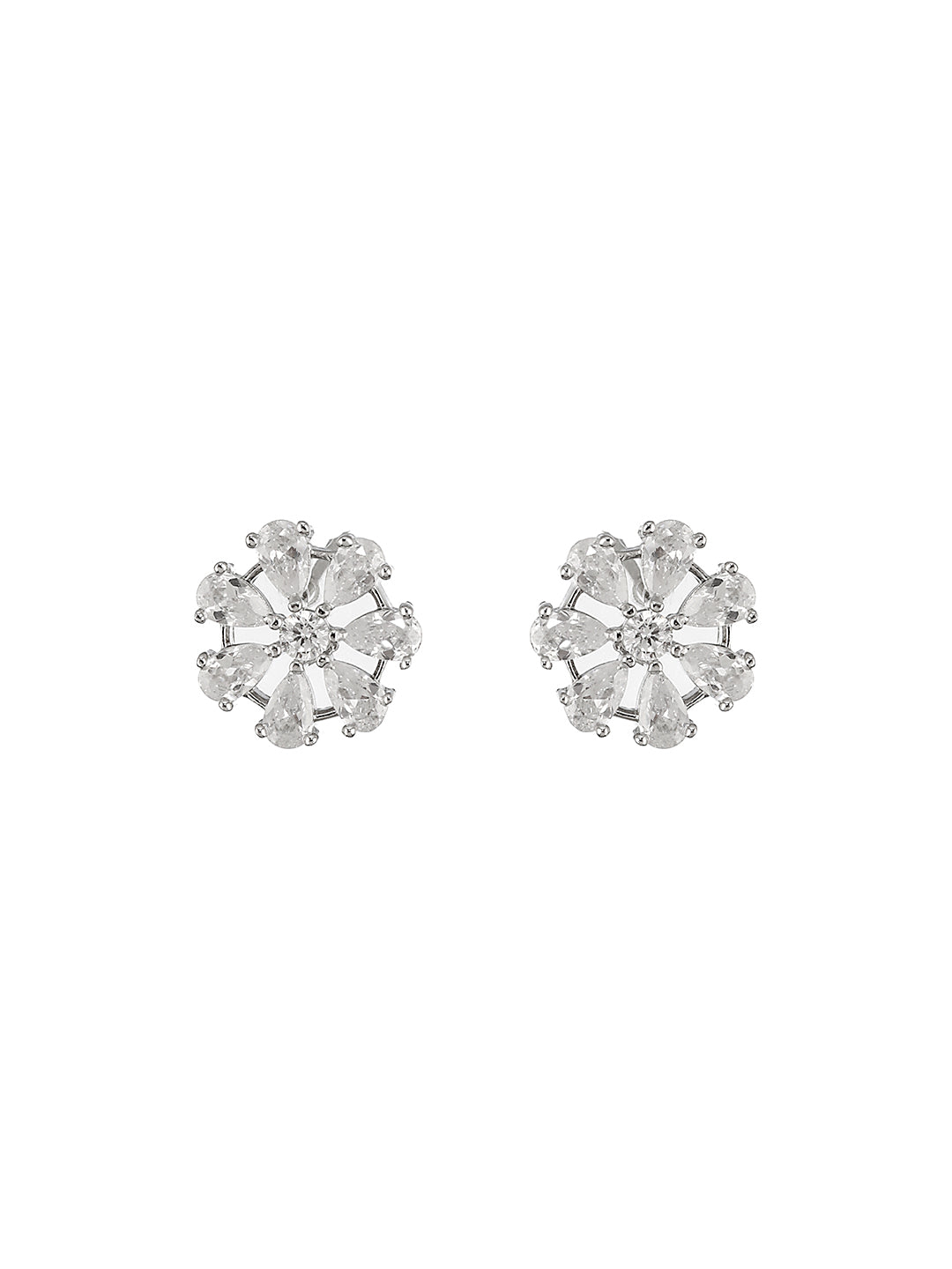 925 Sterling Silver Rhodium Plated CZ Studded Floral Studds Earrings