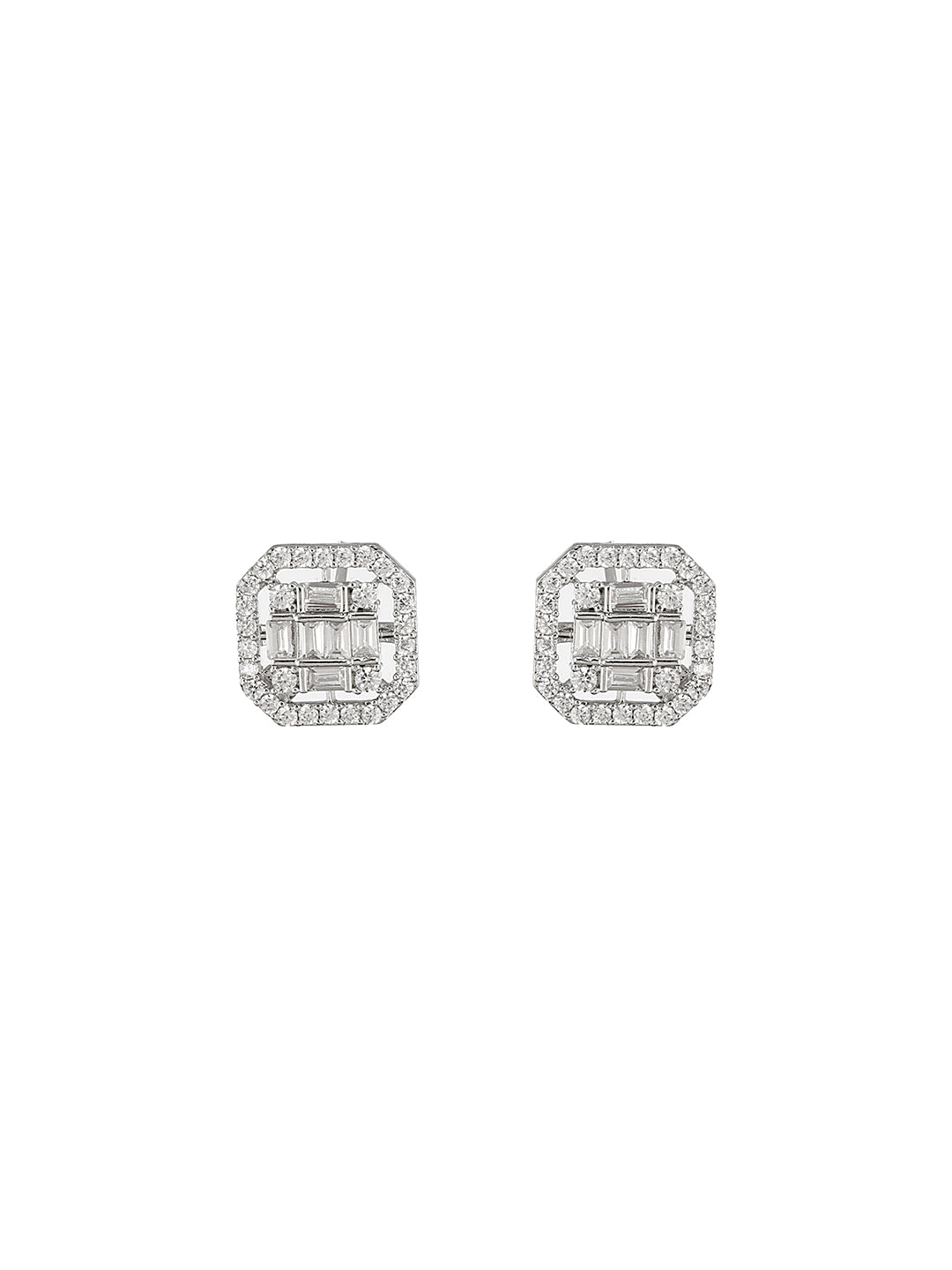 925 Sterling Silver Baguette Shaped Cubic Zirconia  in Rhodium Plated Studds Earrings