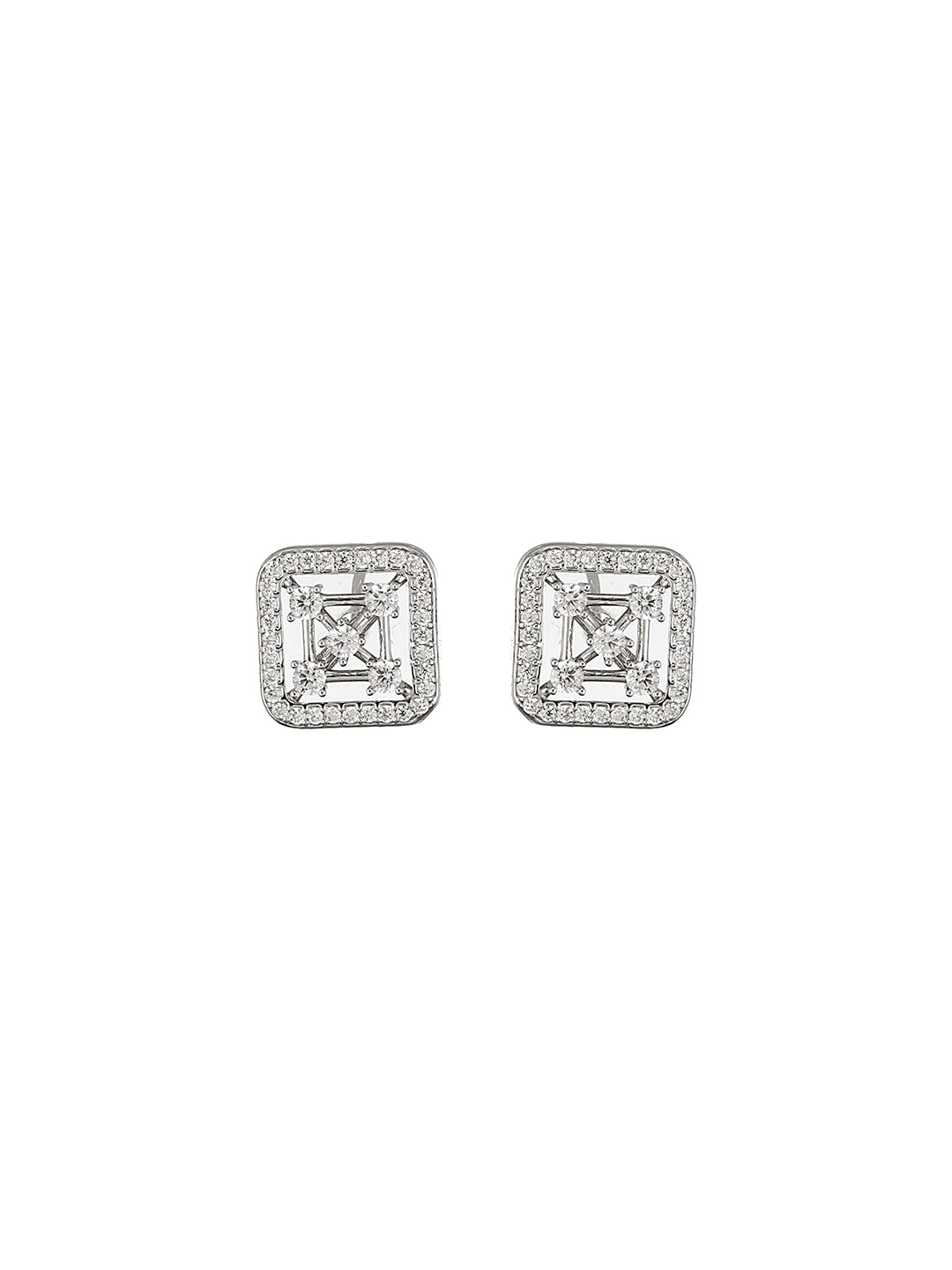 925 Sterling Silver Rhodium Plated Baguette Shaped CZ Square Floret Earrings