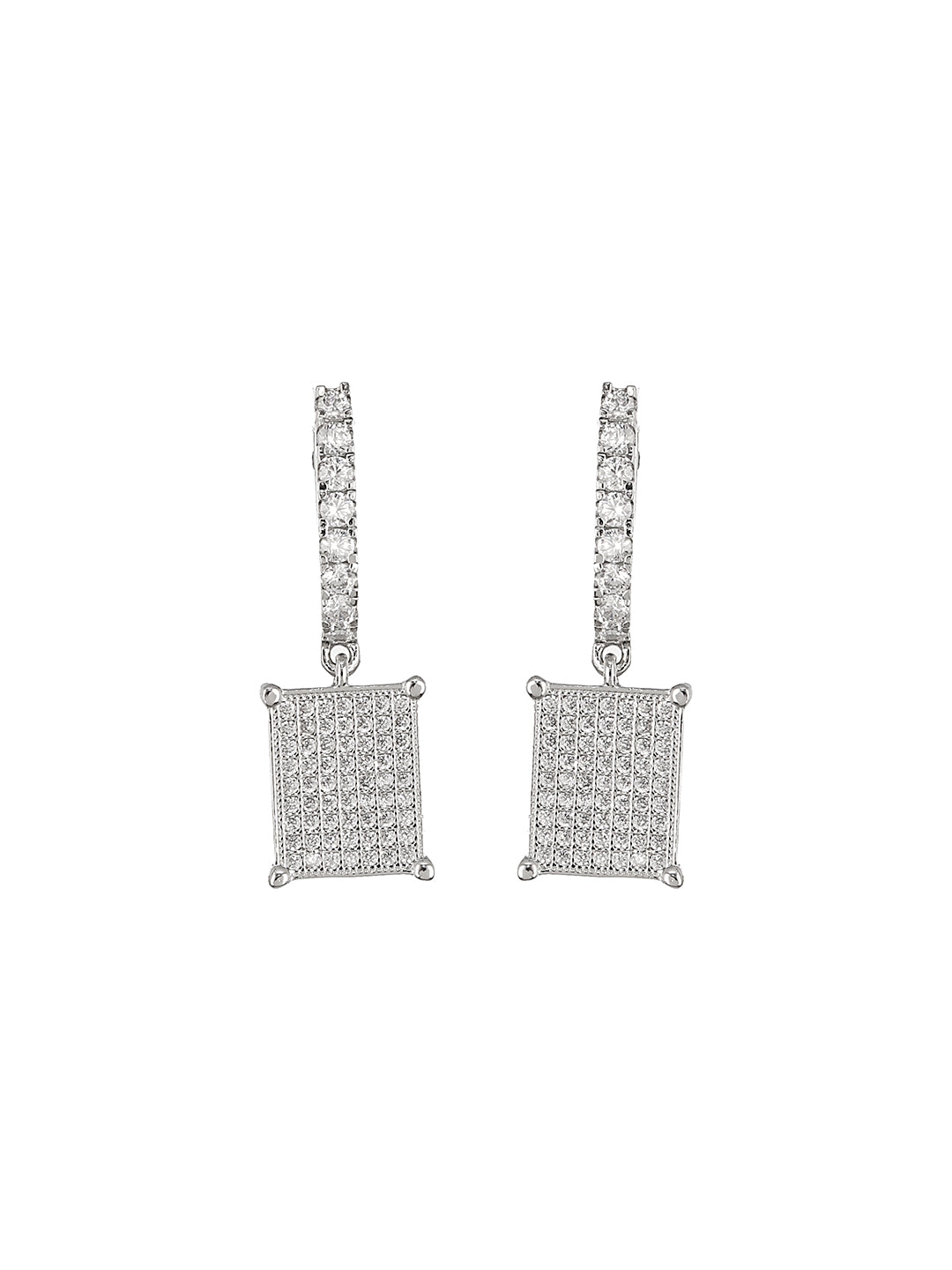 925 Sterling Silver Rhodium Plated Square Drop Bali Hoop Earrings
