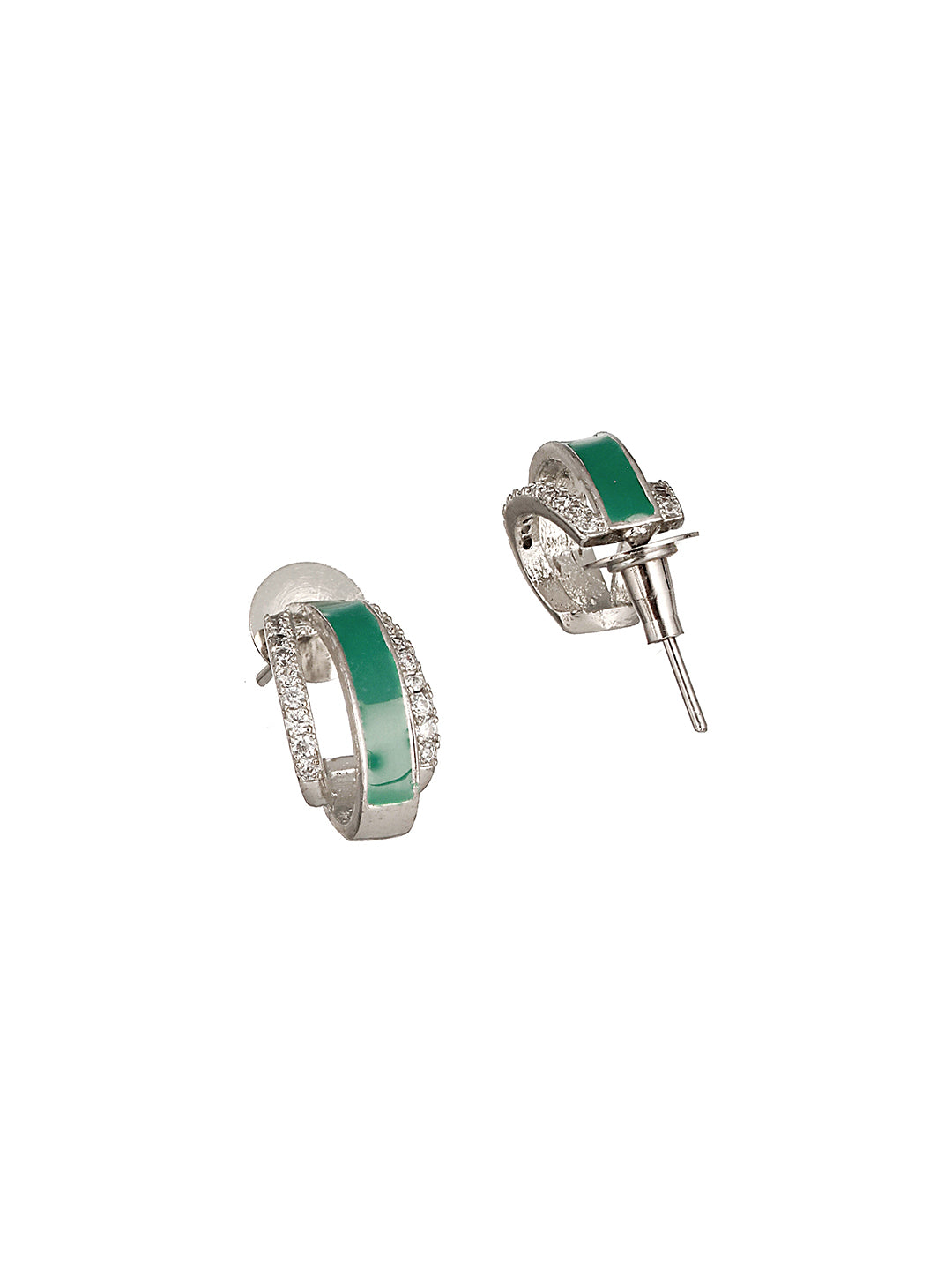 Silver Plated Green Enamelled AD Studded Bali Hoop earrings