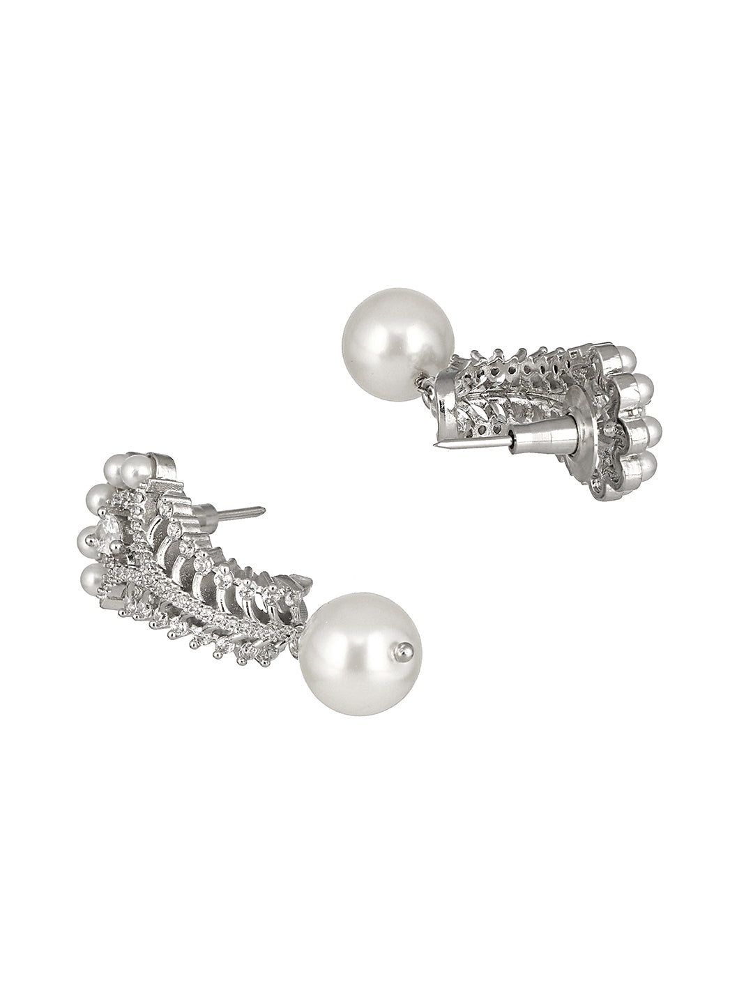 Silver Toned Pearl Beaded Minimal Studs  Bali Earrings