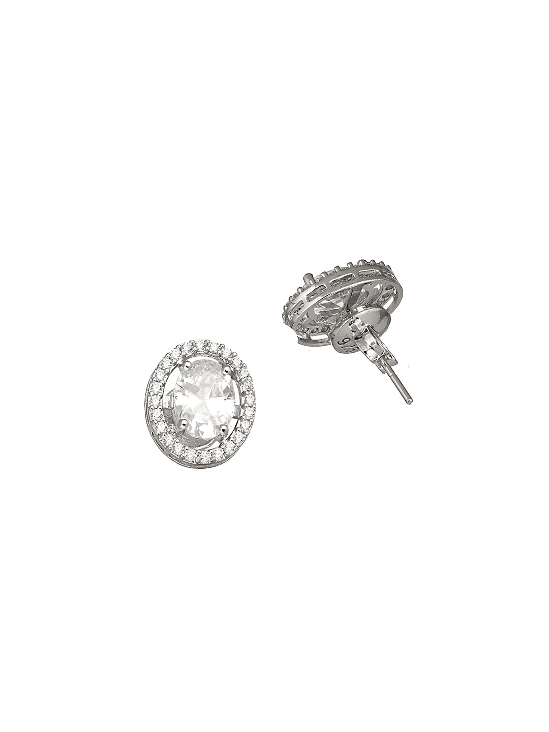 925 Sterling Silver AD Studded Rhodium Plated Oval Studds Earrings