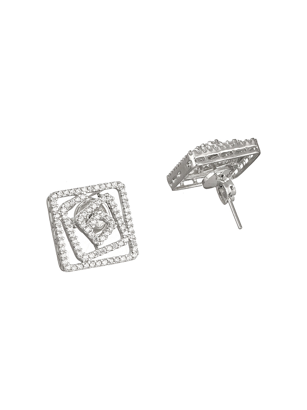 925 Sterling Silver Rhodium Plated CZ Studded Geometric Studds Earrings
