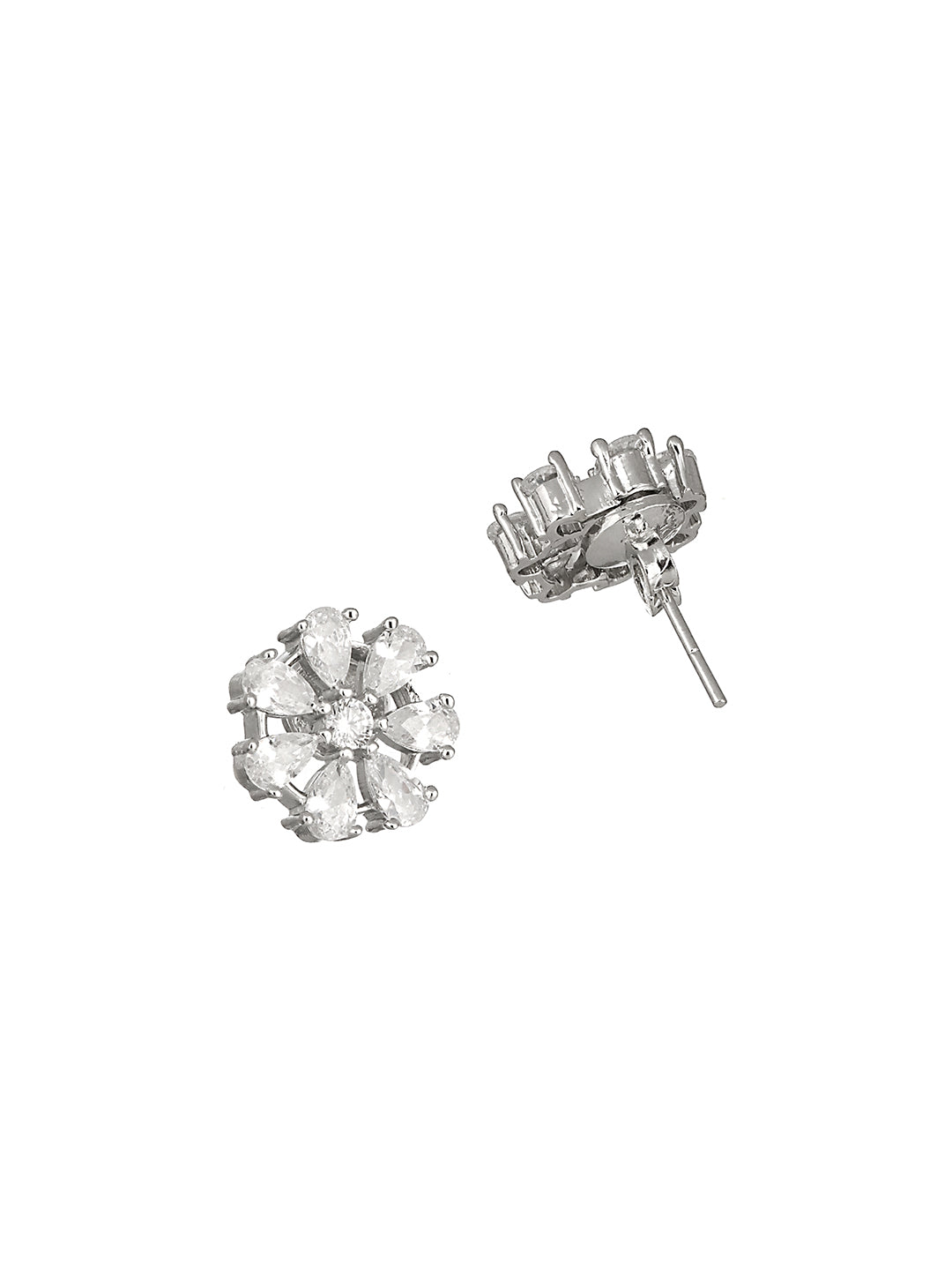 925 Sterling Silver Rhodium Plated CZ Studded Floral Studds Earrings