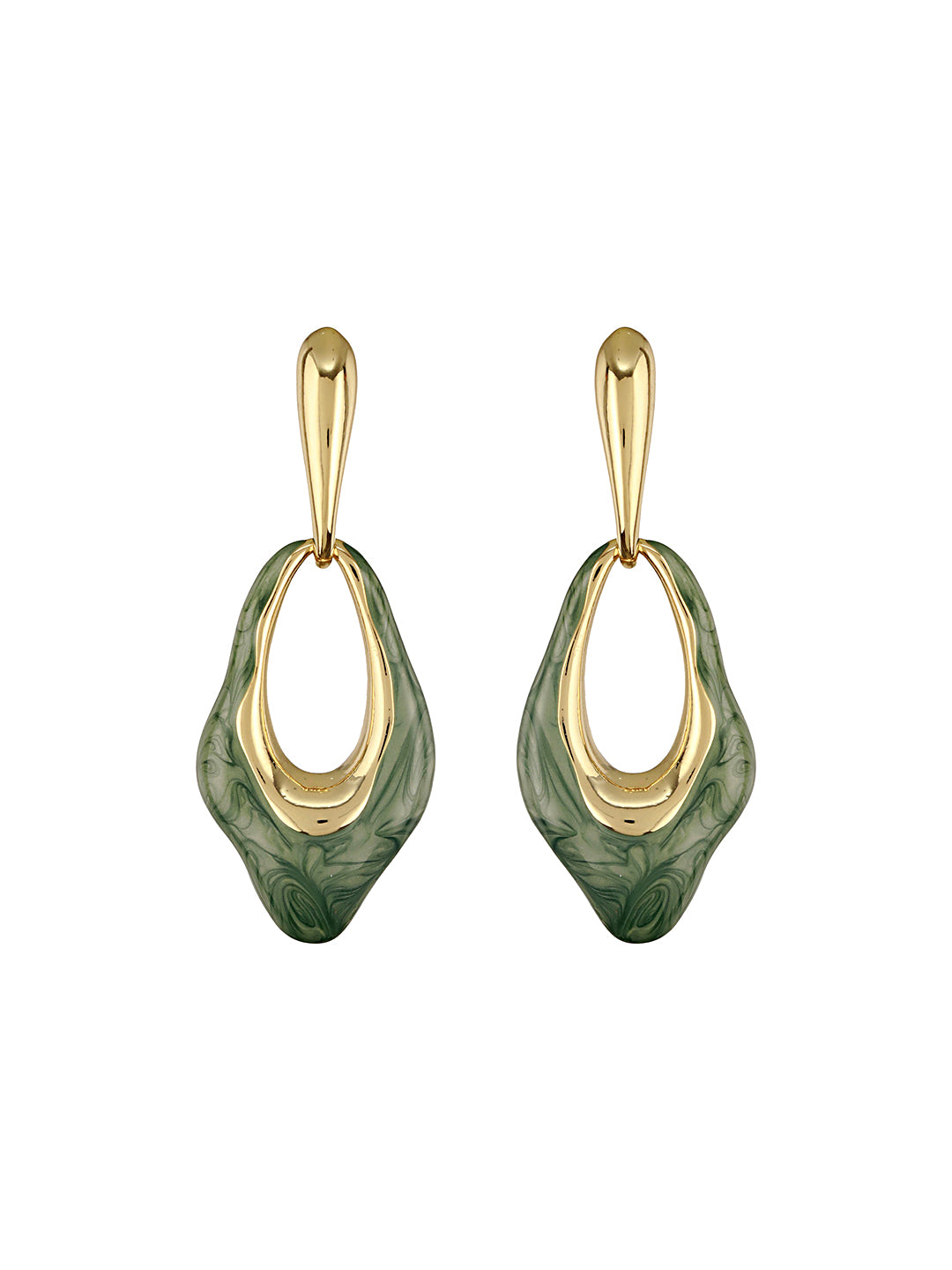 Anti-Tarnish 18k Gold Plated & Emarald Enamelled Hollow Drop Contemporary Earrings