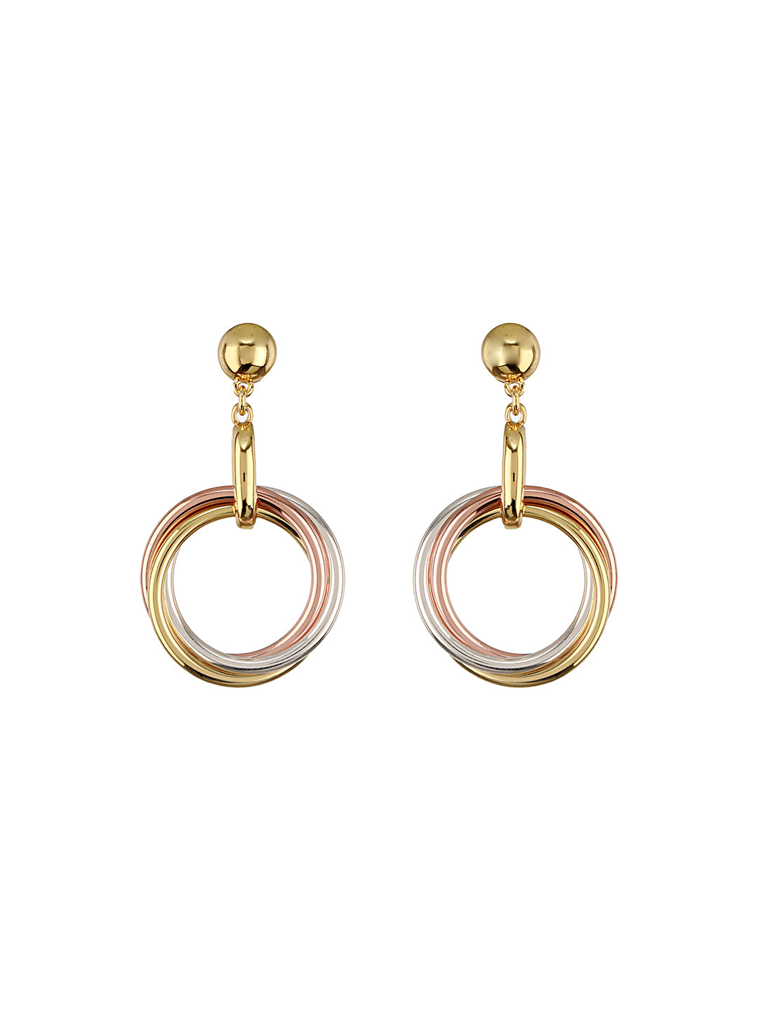 Anti-Tarnish 3 Toned Gold Plated Twisted Round Double Circle Chunky Drop Hoop Earrings