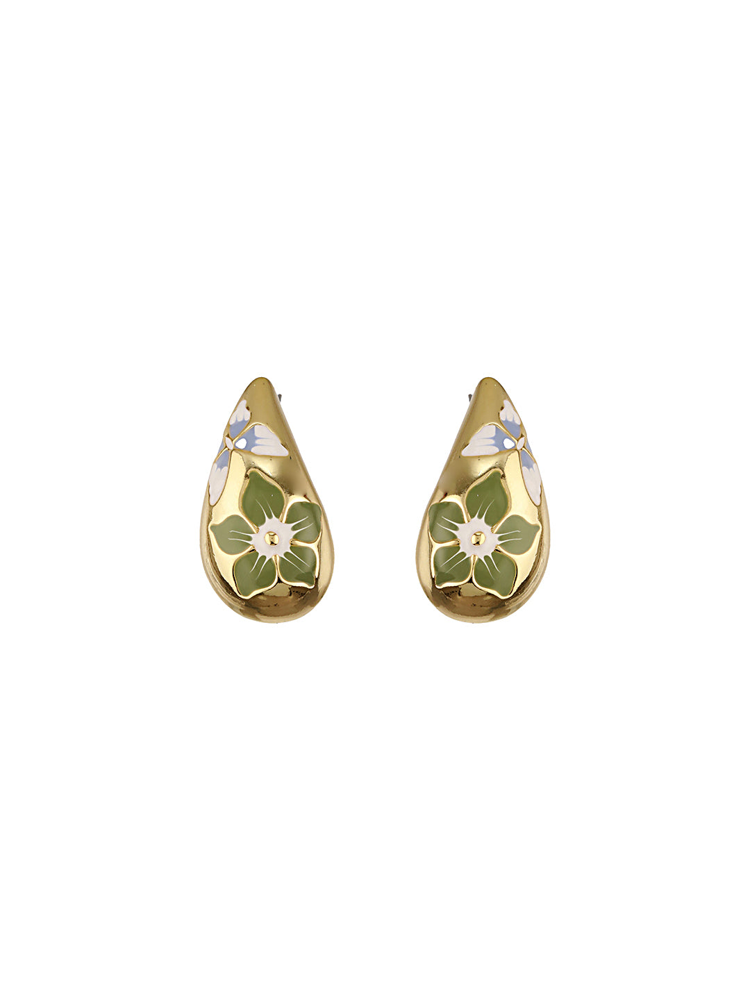 Anti-Tarnish Gold Plated & Enamelled Floral Tear Shaped Studds Earrings