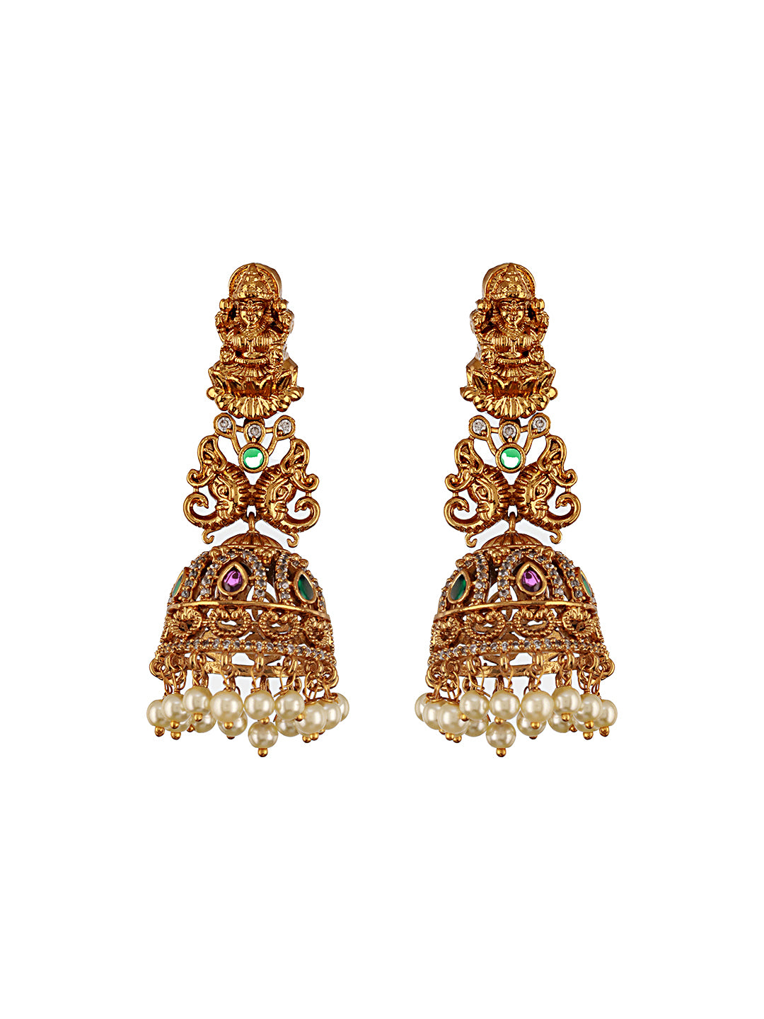 Gold Matt Polish Zircon Studded Lakshmiji Motif Designer Danggling  Earring