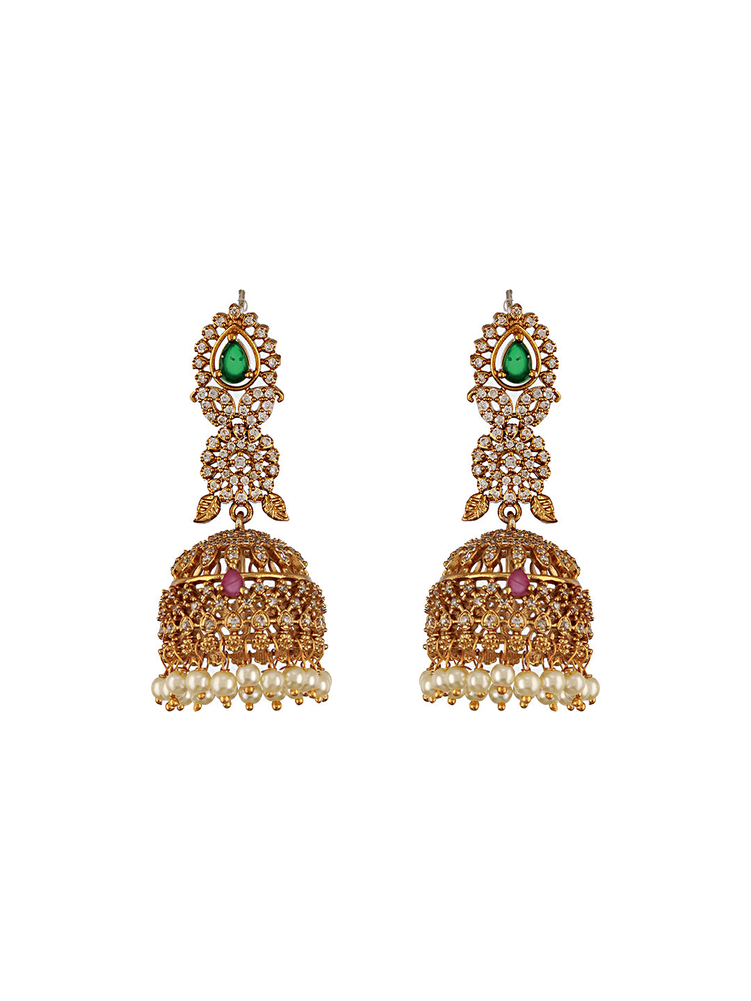 Gold Plated Green Zircon Studded Pearl Beaded Dangler  Earrings