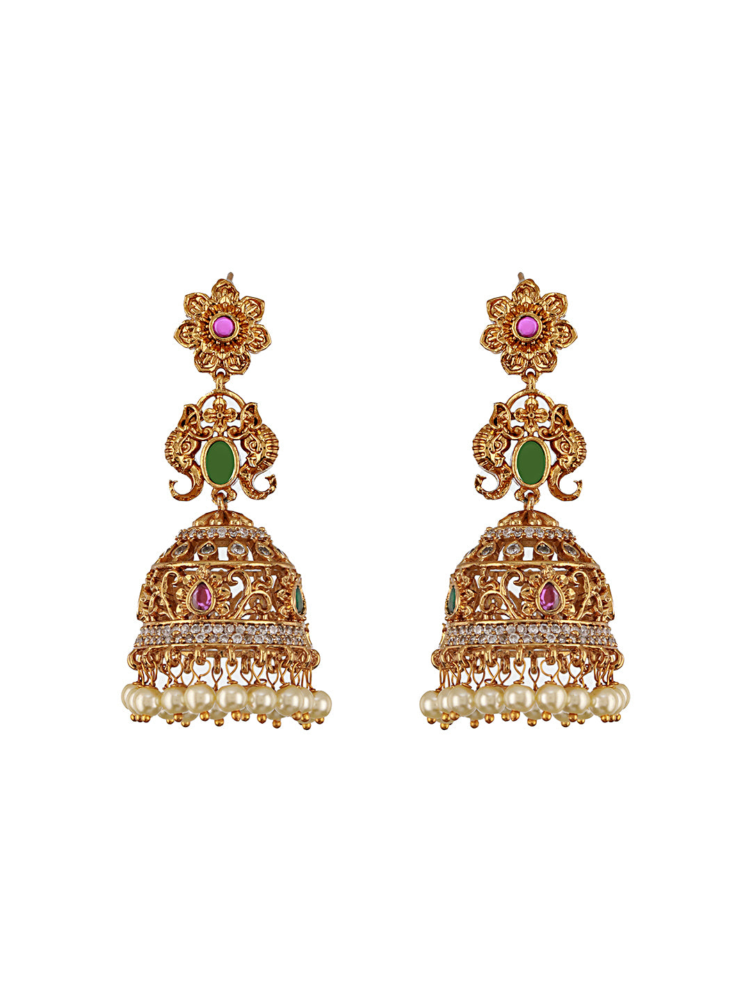 Antique Gold Polish  Zircon Studded Pearl Beaded  Floral Dangling   Earring