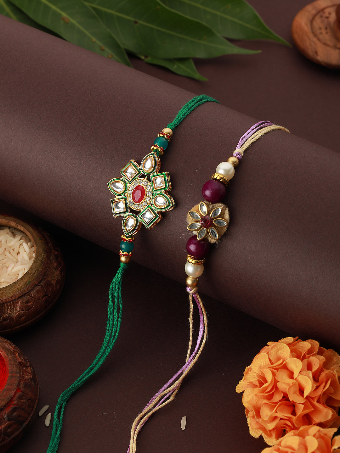 Set Of 2 Kundan & Pearl Beaded handcrafted Rakhi with Roli Chawal
