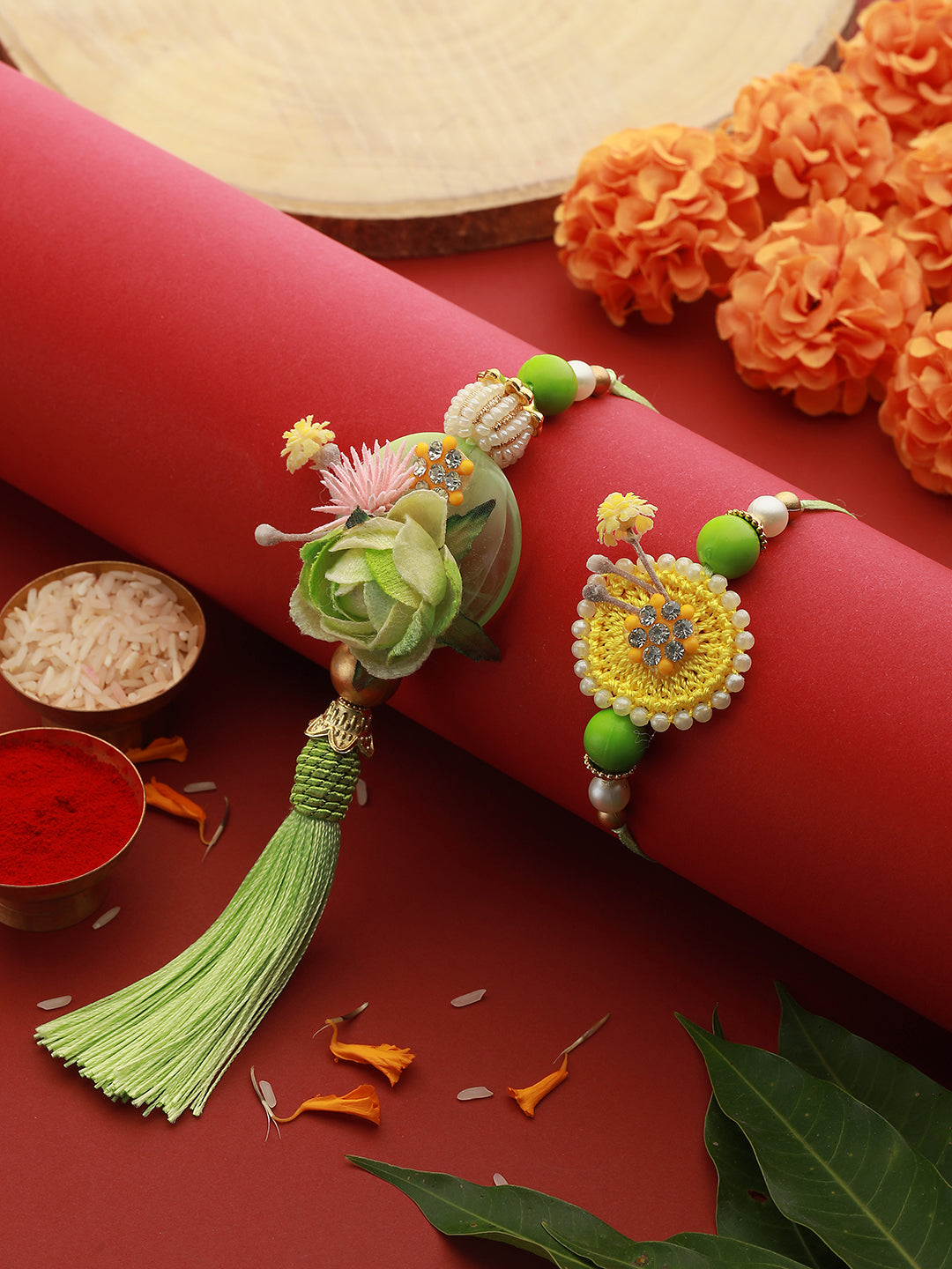 Green Stones & Pearl Beaded Handcrafted Rakhi Lumba Set with Roli Chawal