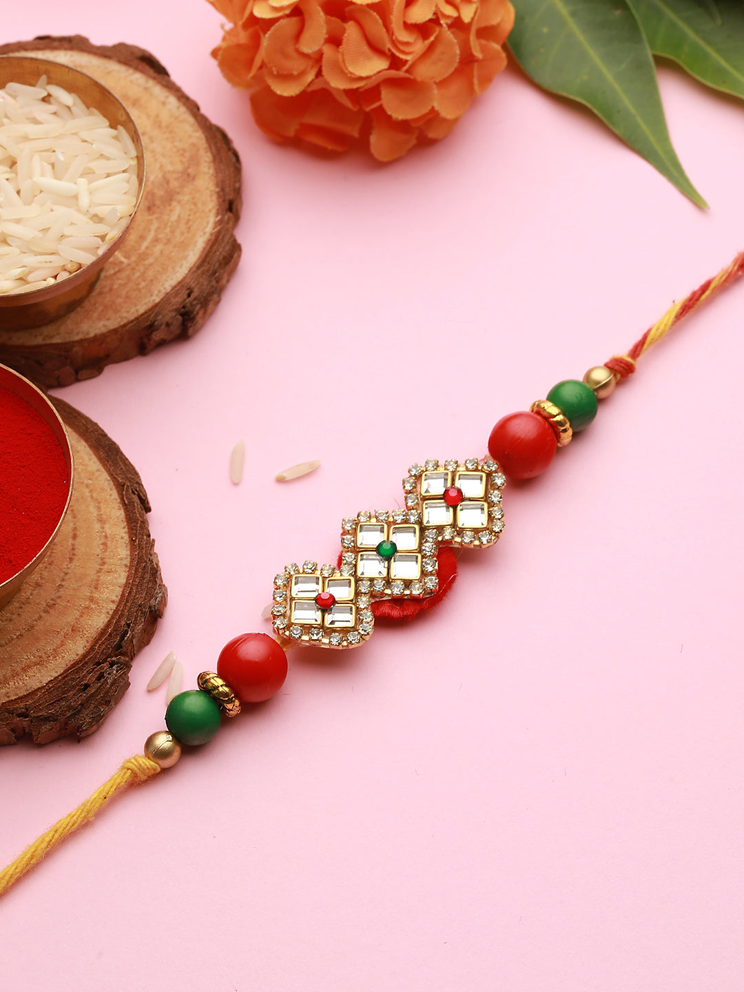 Red Kundan Studded Luxe Rakhi with Roli Chawal