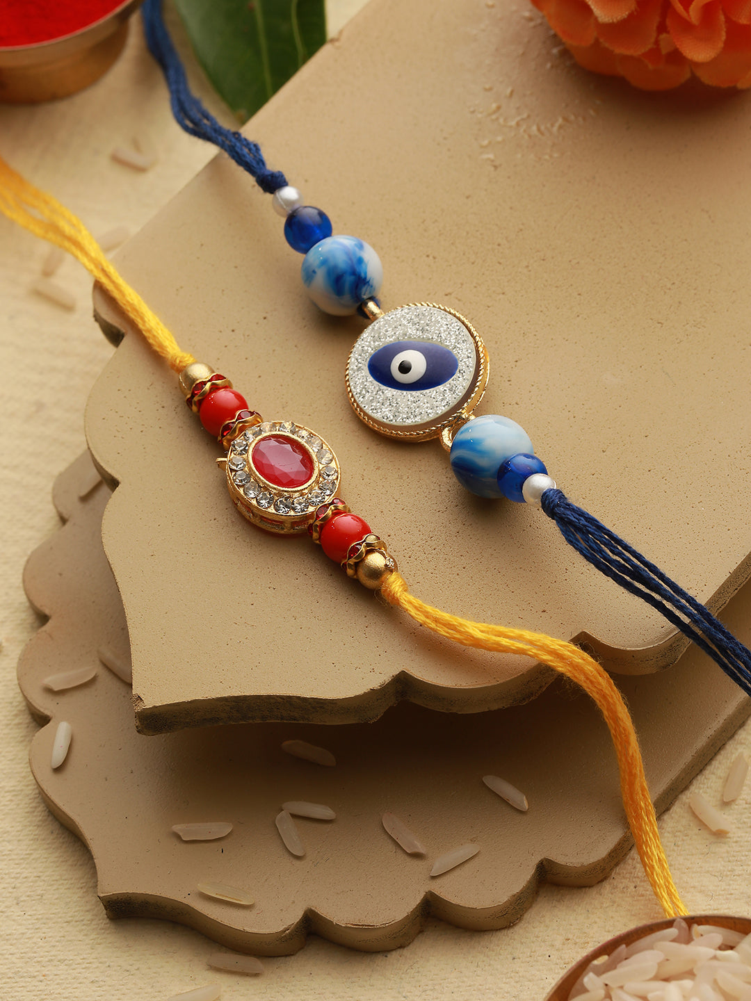 Set  Of 2 Evil Eye & Red Kundan Studded Rakhi with Roli Chawal