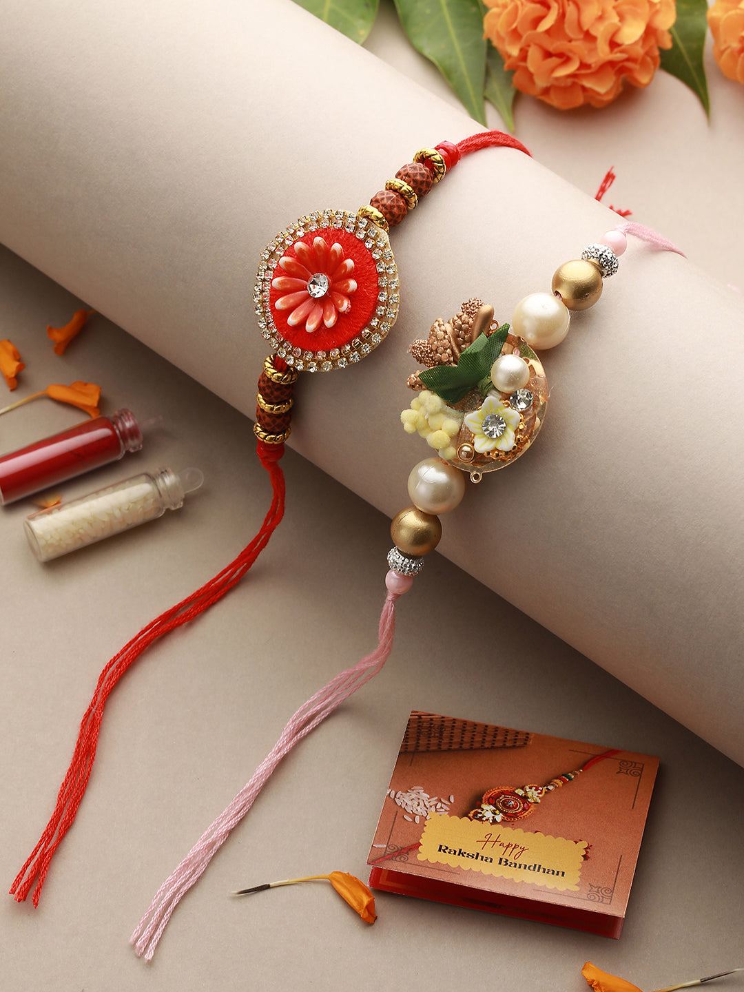 Set Of 2 Kundan & Pearl Beaded Statement  Rakhi with Roli Chawal