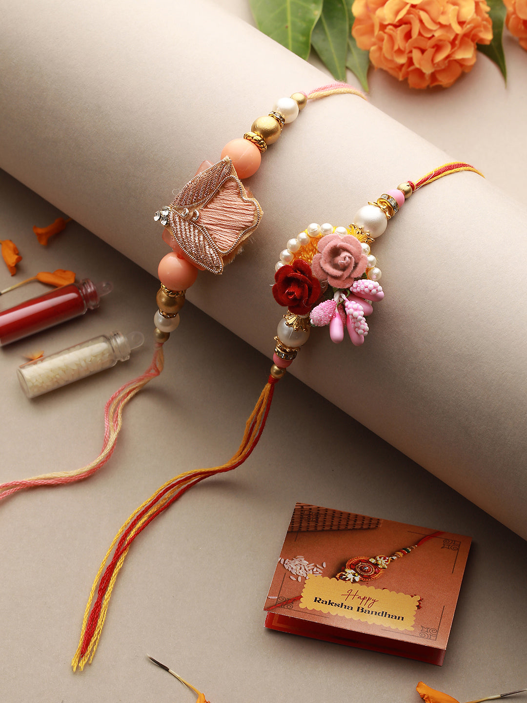 Set of 2 Kundan & Pearl Beaded Rakhi with Roli Chawal