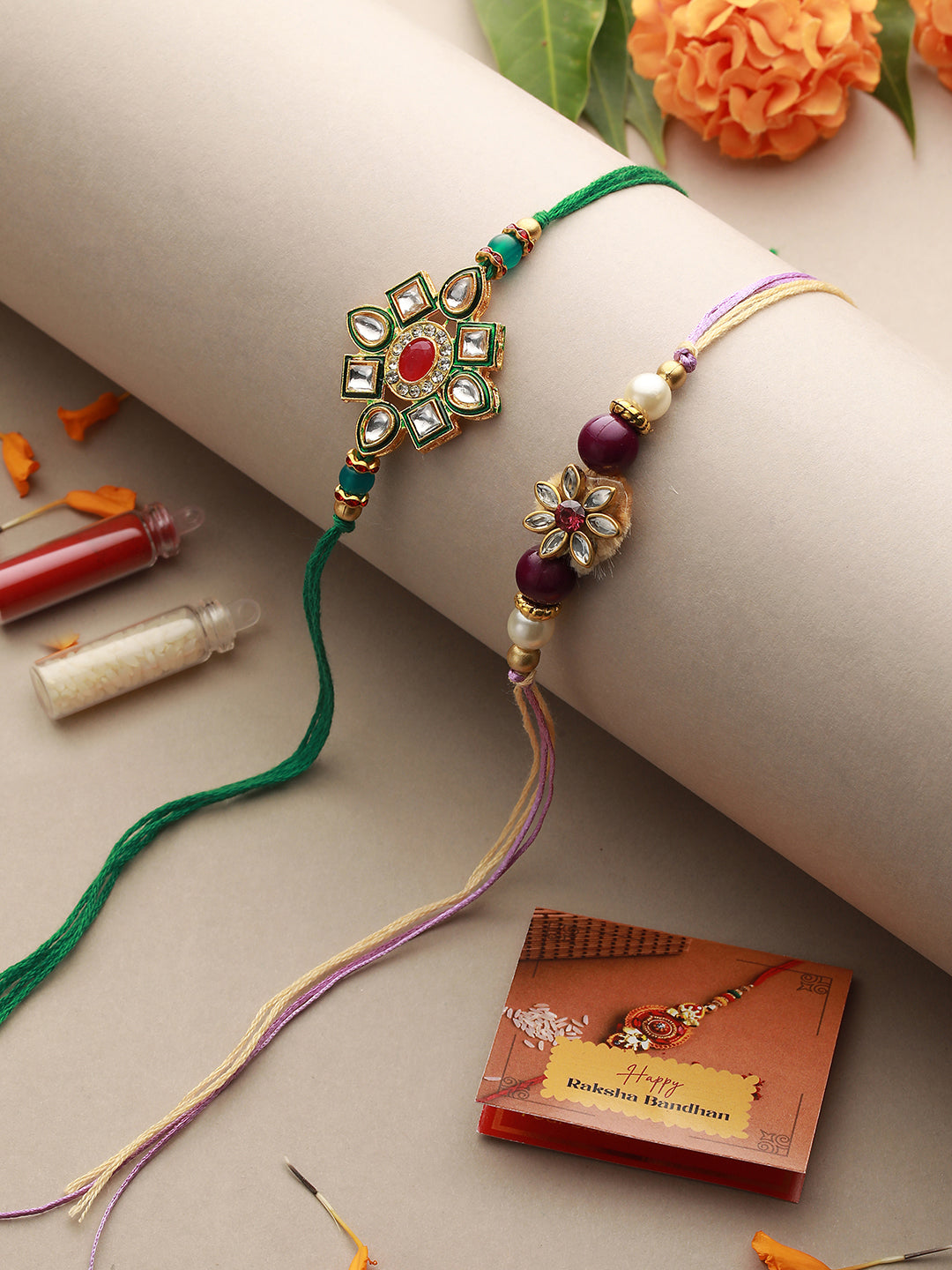 Set Of 2 Kundan & Pearl Beaded handcrafted Rakhi with Roli Chawal