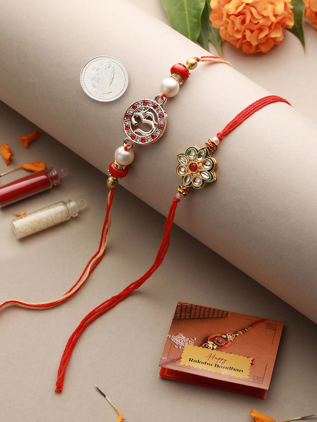 Set of 2 Kundan Studded OM Thread Rakhi with 10 gram Radhe Krishna round 999 Round Silver Coin